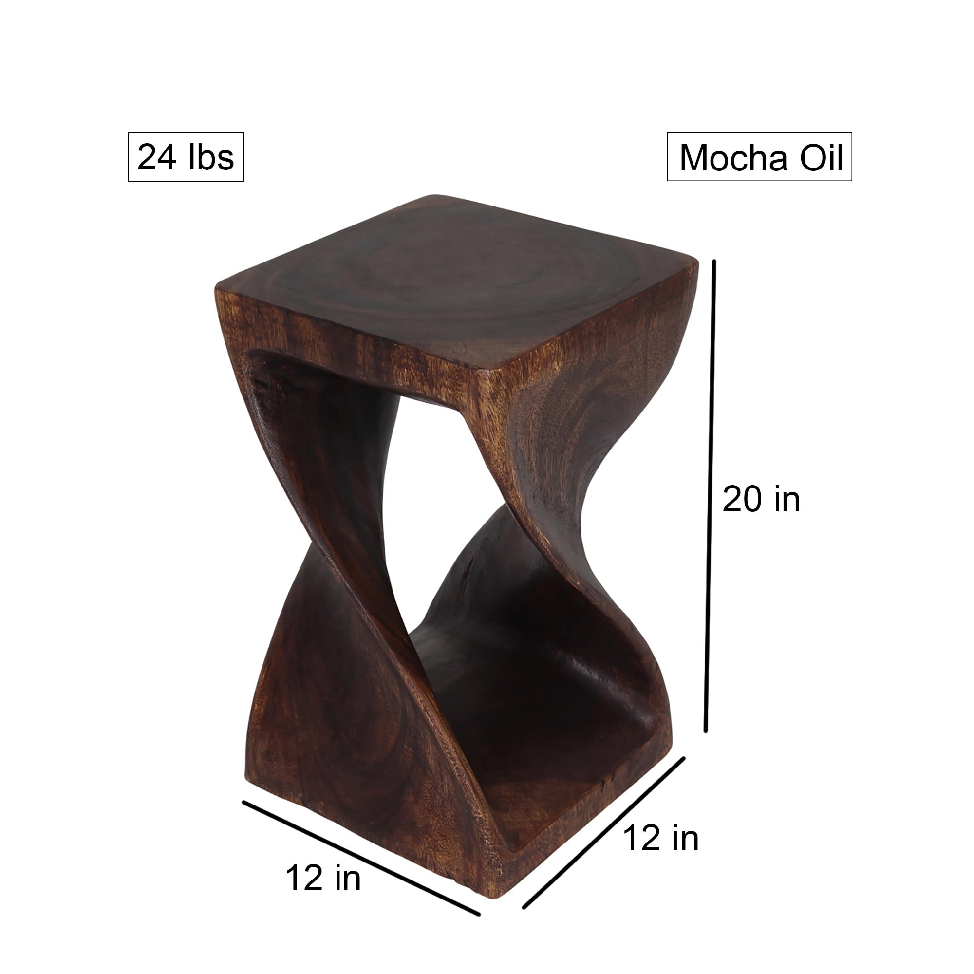 Haussmann Original Wood Twist Stool 12x12x20 Inches - High Mocha Oil Finish - Rustic Bar Stool for Kitchen Island, Breakfast Nook & Home Decor