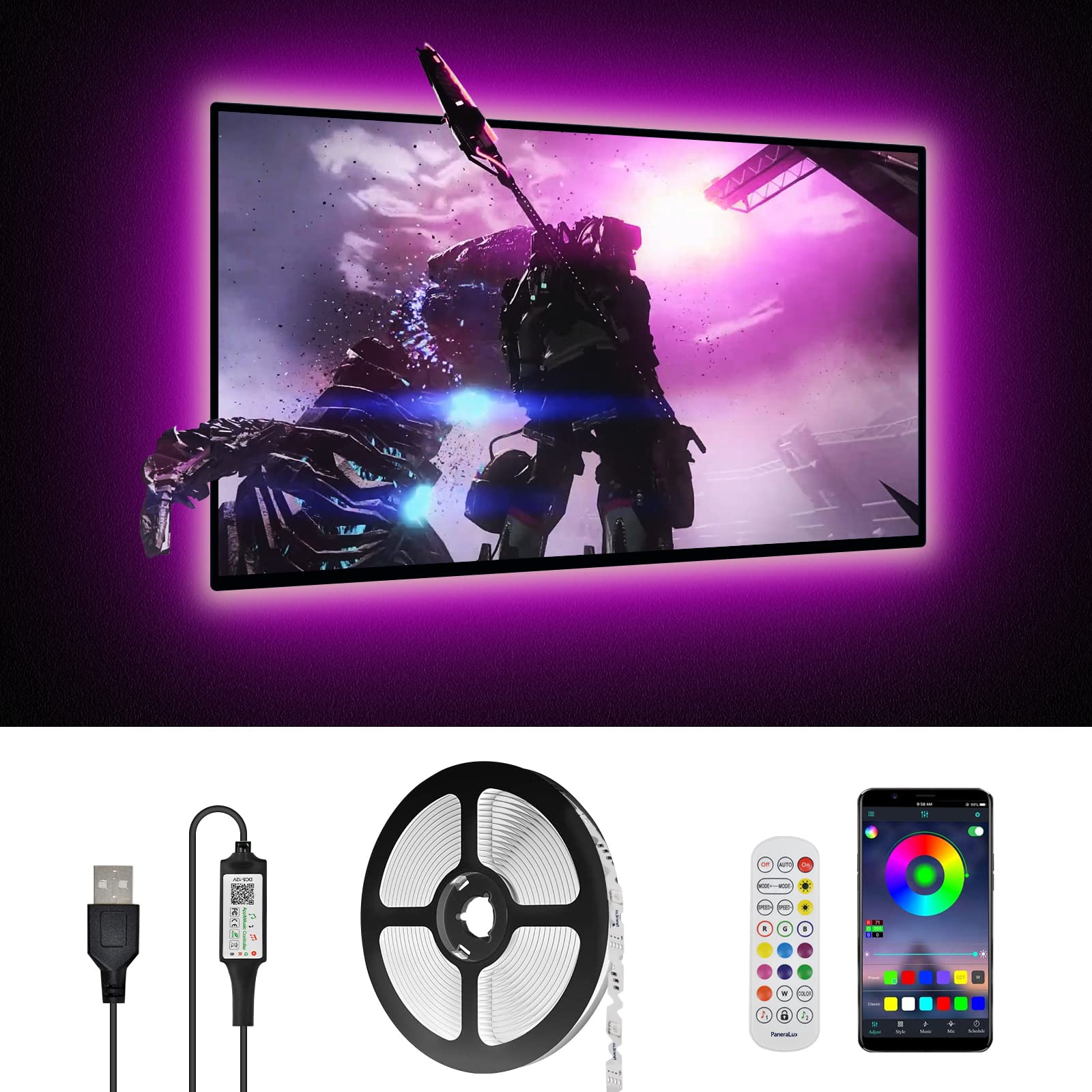 RGB+W LED TV Backlight Strip - 16.4ft USB-Powered Bias Lighting for HDTV, PC & Gaming Setup with Music Sync & Timer - Perfect for Home Theater, Bedroom Decor & Immersive Gaming Experience