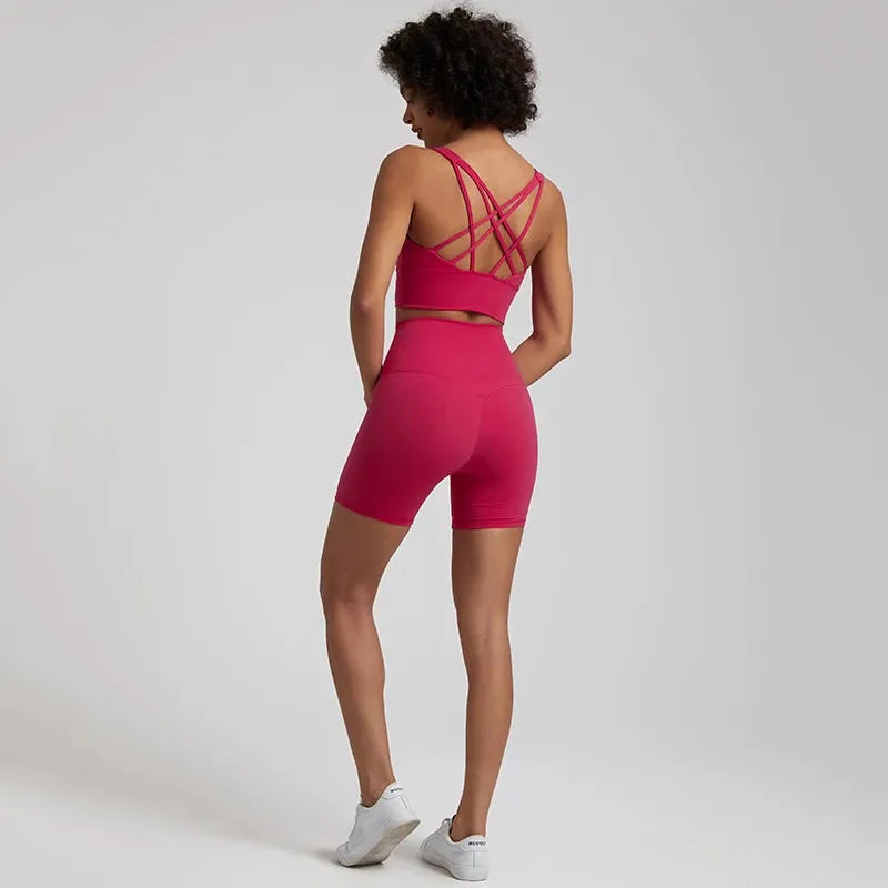 Buttery Soft 2-Piece Nylon Yoga Shorts Set for Women - High Waist Workout Clothes & Push Up Sports Bra - Perfect for Gym, Yoga & Running