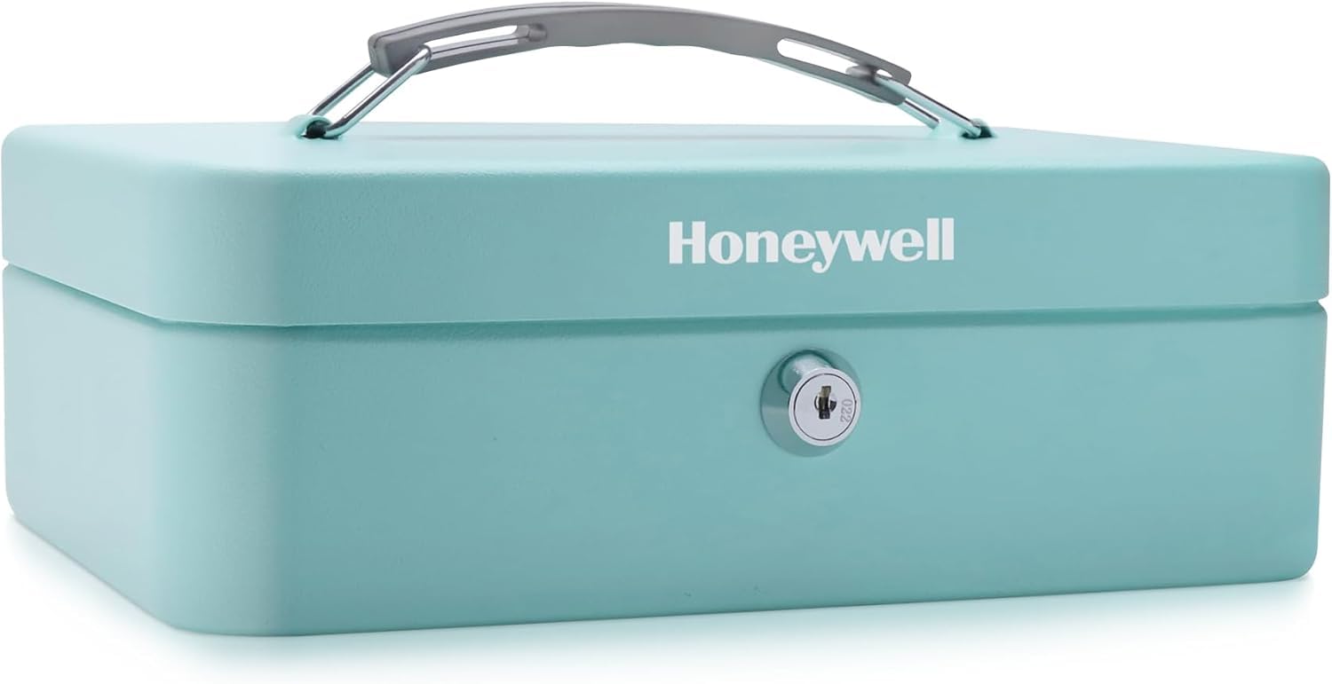 Honeywell Steel Security Cash Box with Key Lock - 0.14 CU Teal Money Lock Box - Includes 1 Removable Cash Tray & 5 Coin Slots - Durable & Scratch Resistant Safe for Home, Office, or Retail Use - Model 6112TL