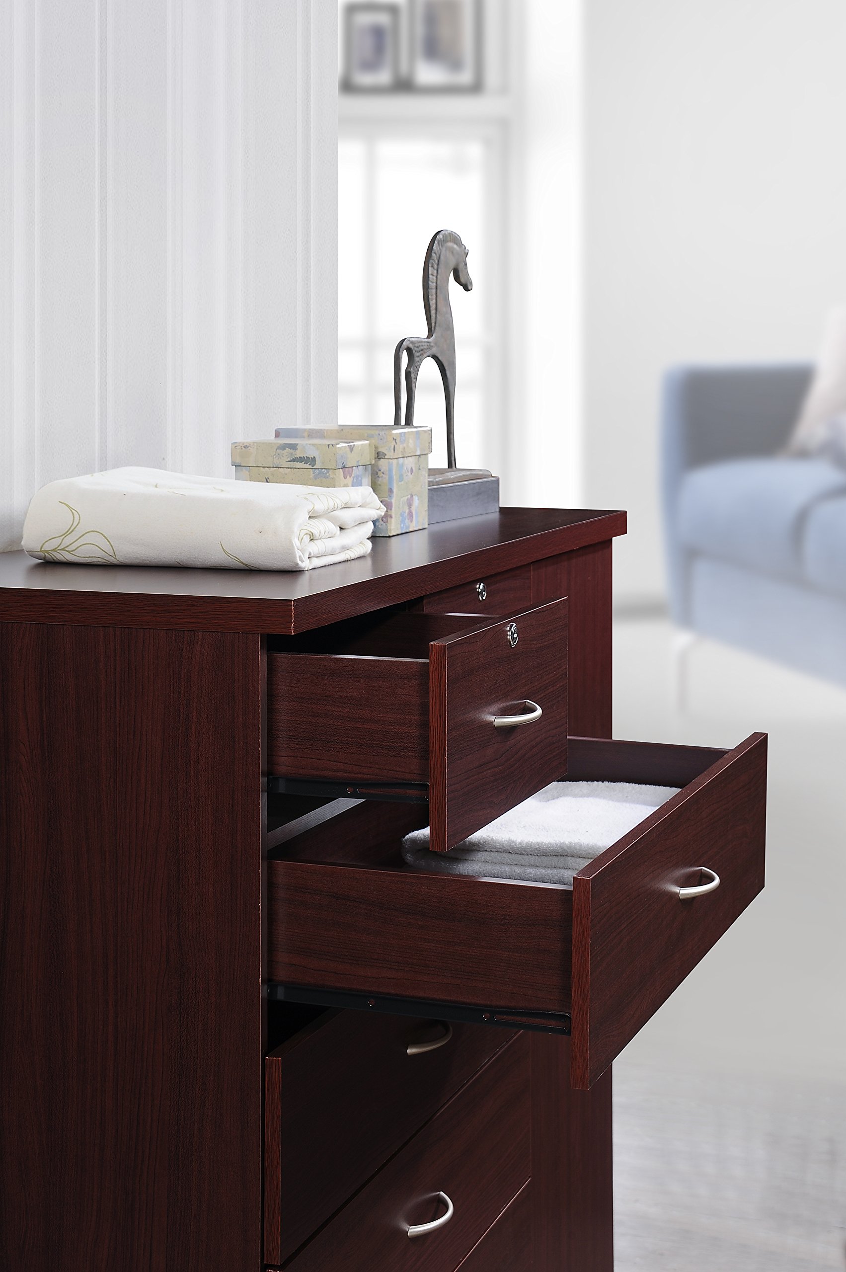 Hodedah 7-Drawer Jumbo Chest Organizer - 5 Large & 2 Small Drawers with Lock, Hanging Rod & 3 Shelves - Mahogany Finish (17.76