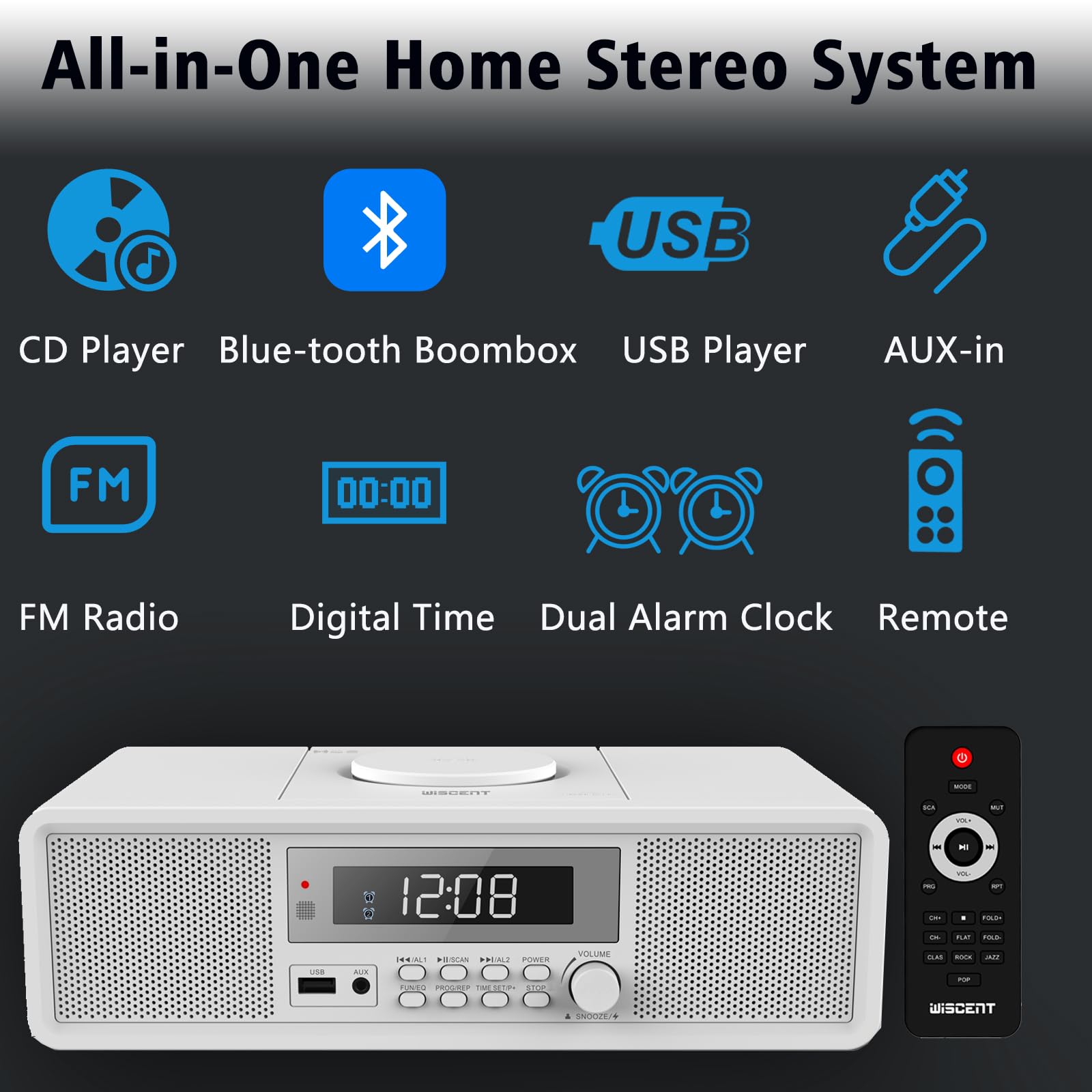 20W RMS Bluetooth Home Stereo System with CD Player, Dual Alarm Clock, FM Radio, USB & AUX Input - Compact Sound System for Bedroom, Office, and Living Room Entertainment