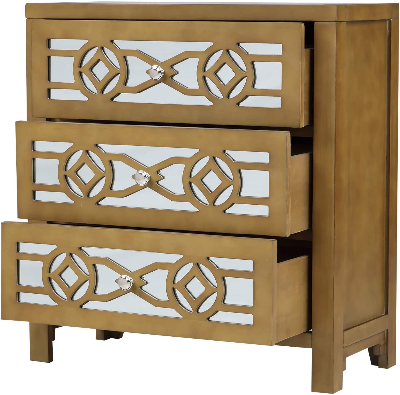 Teeker 3-Drawer Nightstand with Mirror - Wooden Storage Cabinet for Bedroom (Gold)