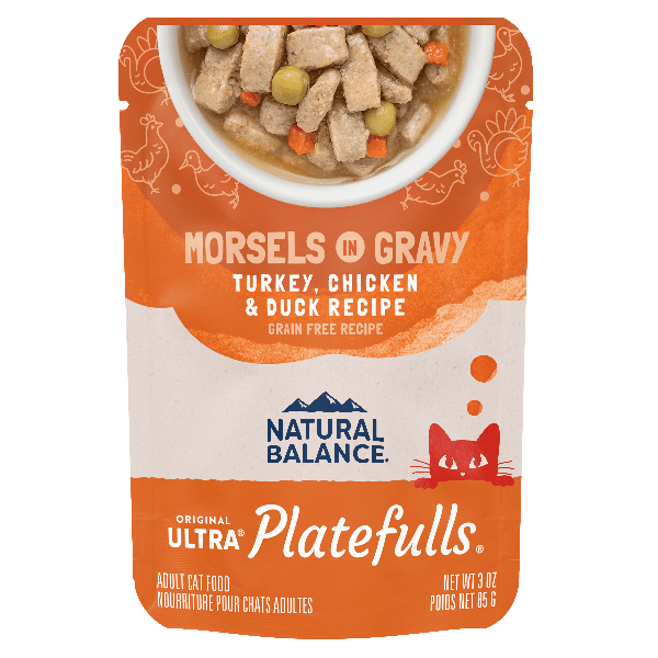 Natural Balance Platefulls Turkey, Chicken & Duck Recipe Morsels in Gravy - Grain-Free Wet Cat Food Pouches for Adult Cats - Perfect for Mealtime, Travel & Picky Eaters