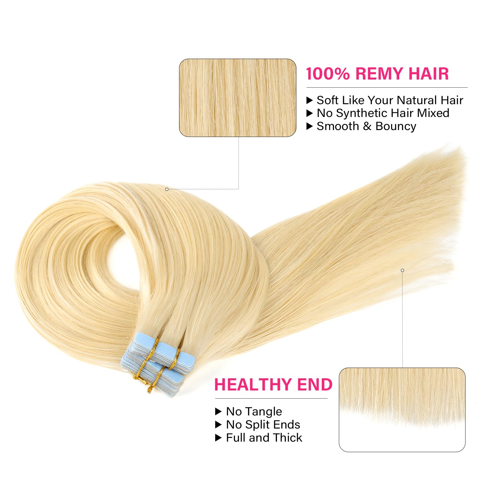 PROTEA Tape in Hair Extensions for Women - 16inch 100g Straight Remy Human Hair in 613 Platinum Blonde | Seamless Blending for Everyday Wear, Parties & Special Occasions