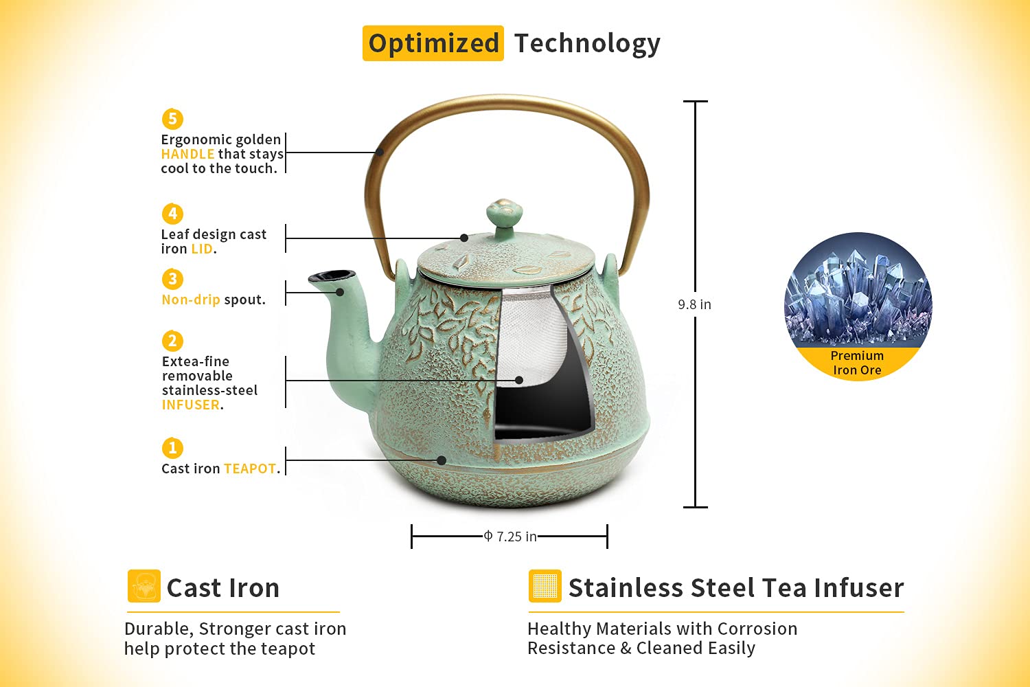 Premium Cast Iron Tea Kettle for Stove Top - 54oz Japanese Style Teapot with Removable Infuser for Loose Leaf Tea - Heat Resistant & Stovetop Safe - Light Green - Perfect for Home, Office & Tea Ceremonies