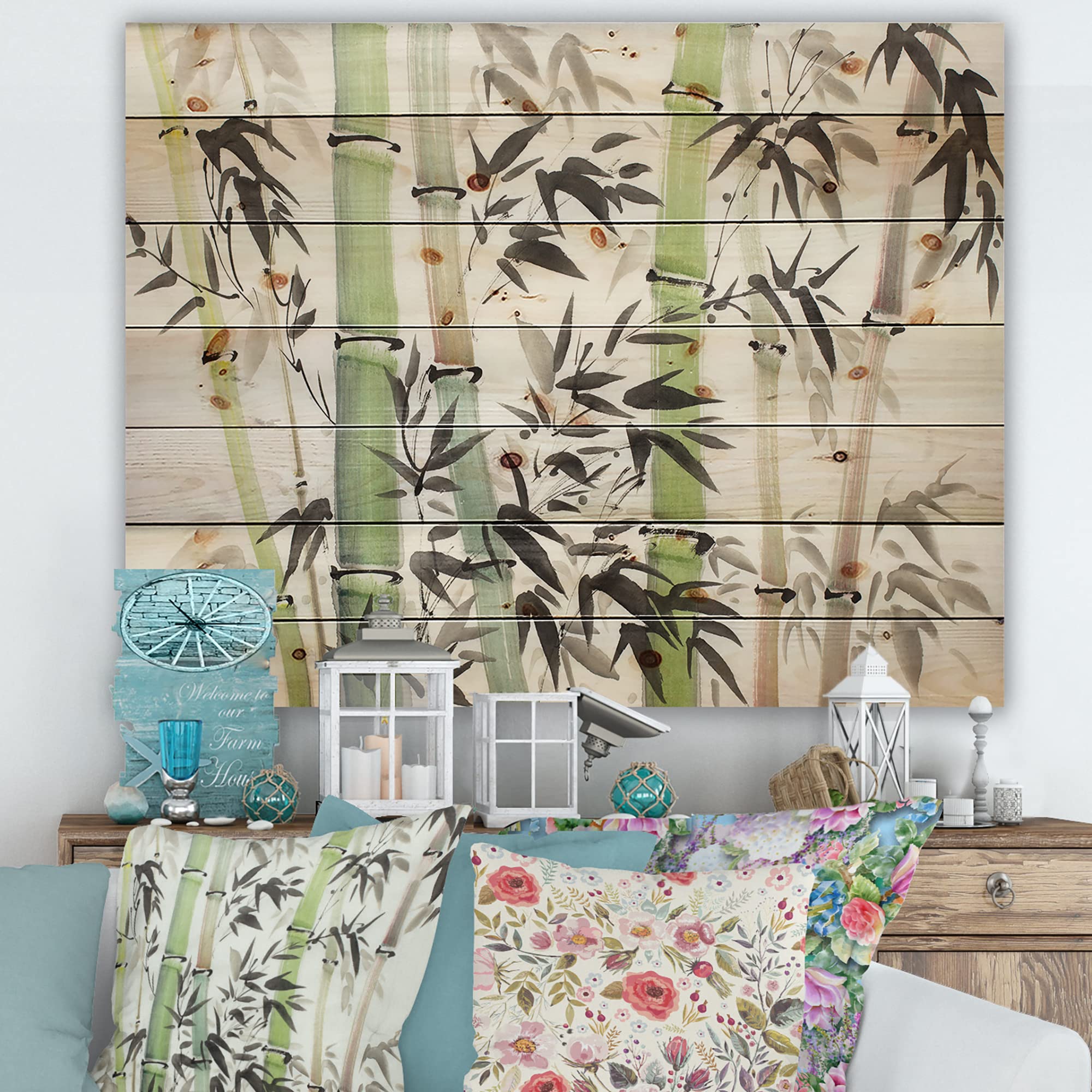 DesignQ Bamboo Branches In The Forest II Lake House Wood Wall Decor - Large Green Landscape Wall Art Panels Printed on Natural Pine Wood - Perfect for Living Room, Bedroom, Office & Cabin Decor