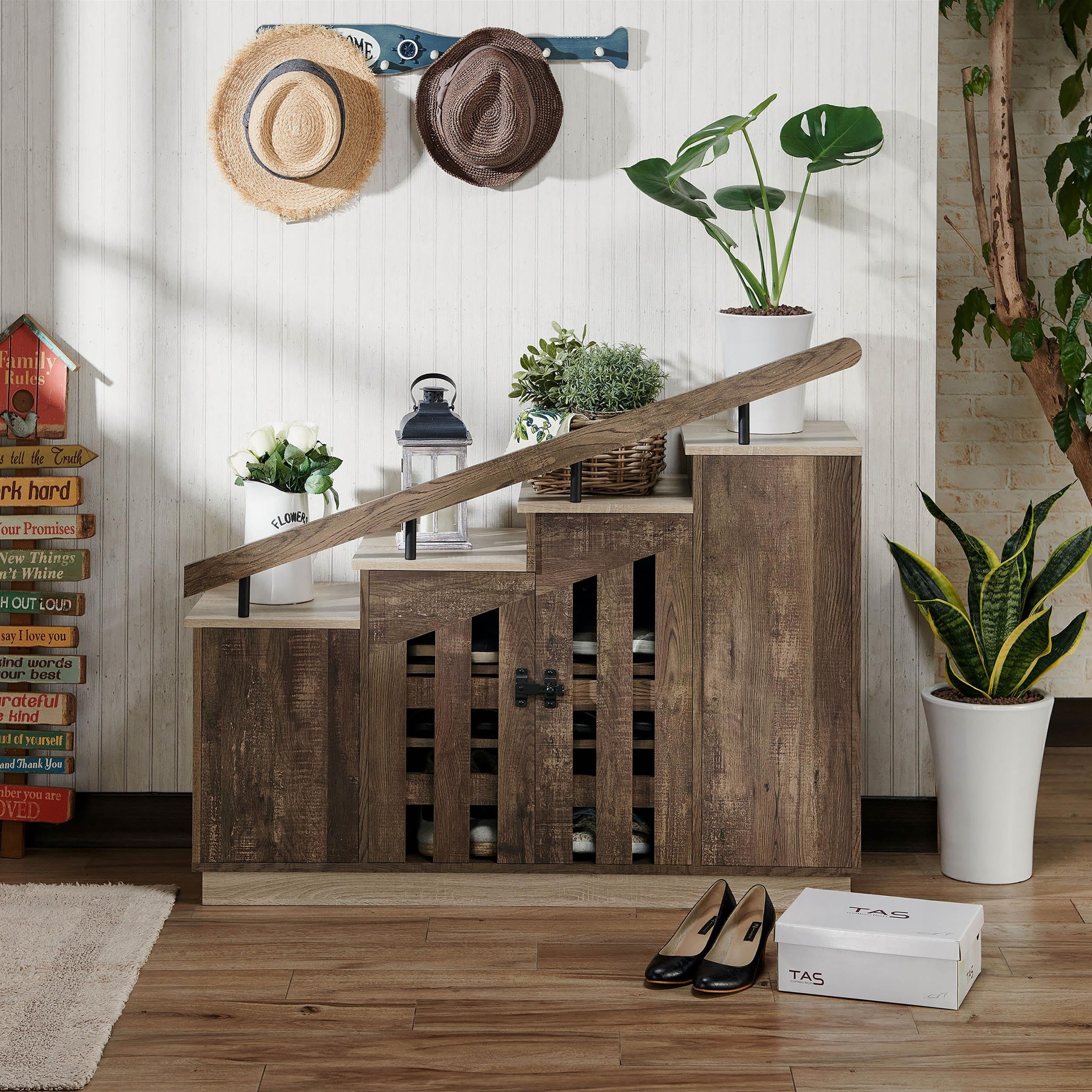 Furniture of America Barstead Wood Staircase Shoe Cabinet in Reclaimed Oak - Space Saving Entryway Storage for Small Homes & Apartments