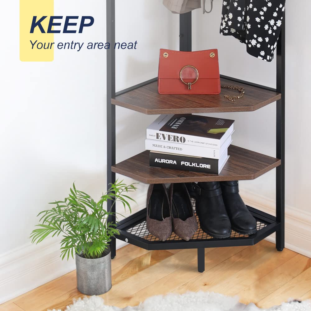 Corner Hall Tree with Coat Rack, Shoe Storage & Shelf - Freestanding Entryway Organizer for Home & Office (Brown) | Perfect for Small Spaces, Apartments & Mudrooms