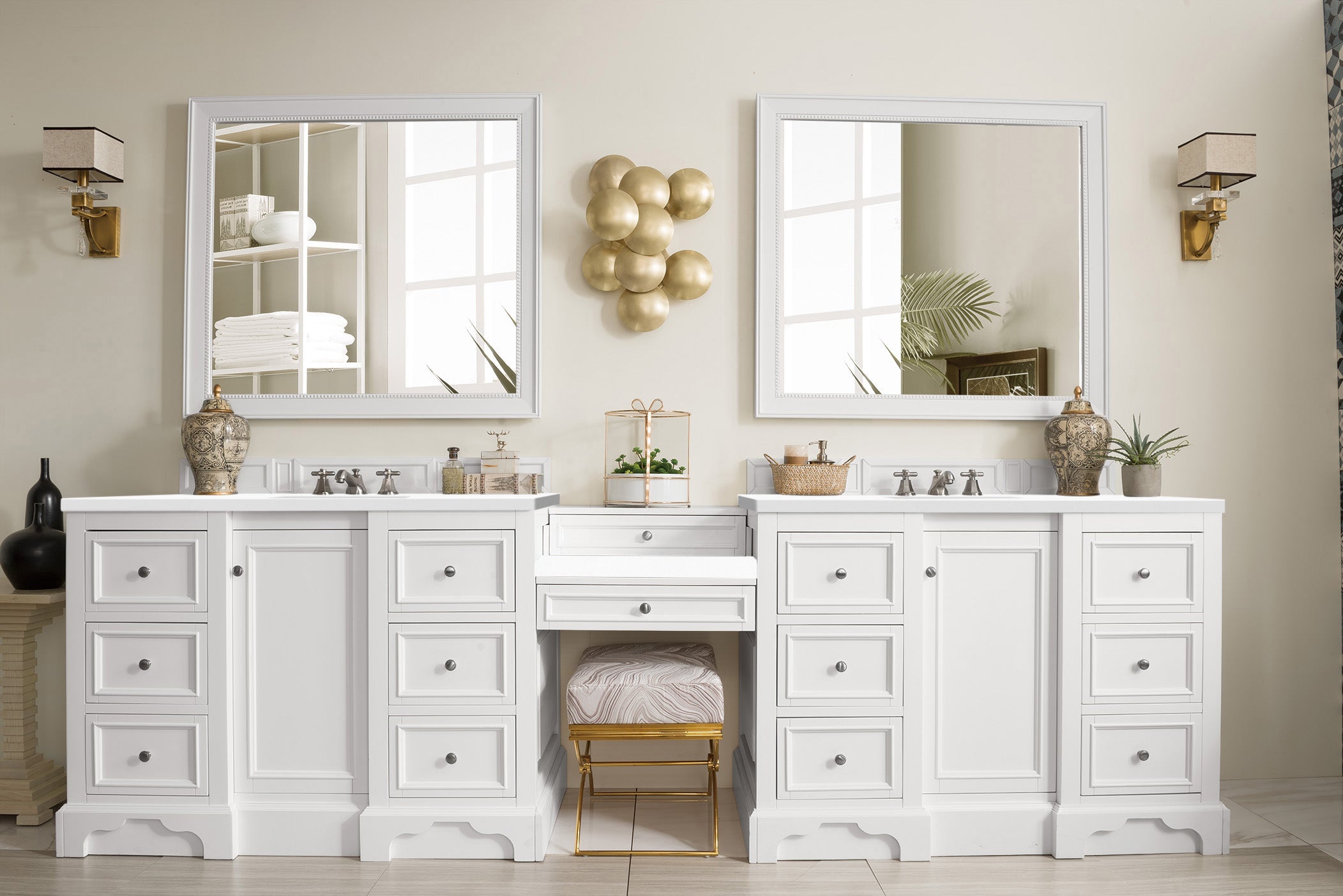 De Soto 118 Double Vanity Set with Makeup Table - Bright White Finish & 3CM Classic White Quartz Countertop | Perfect for Master Bathroom, Guest Bath, and Makeup Room Organization