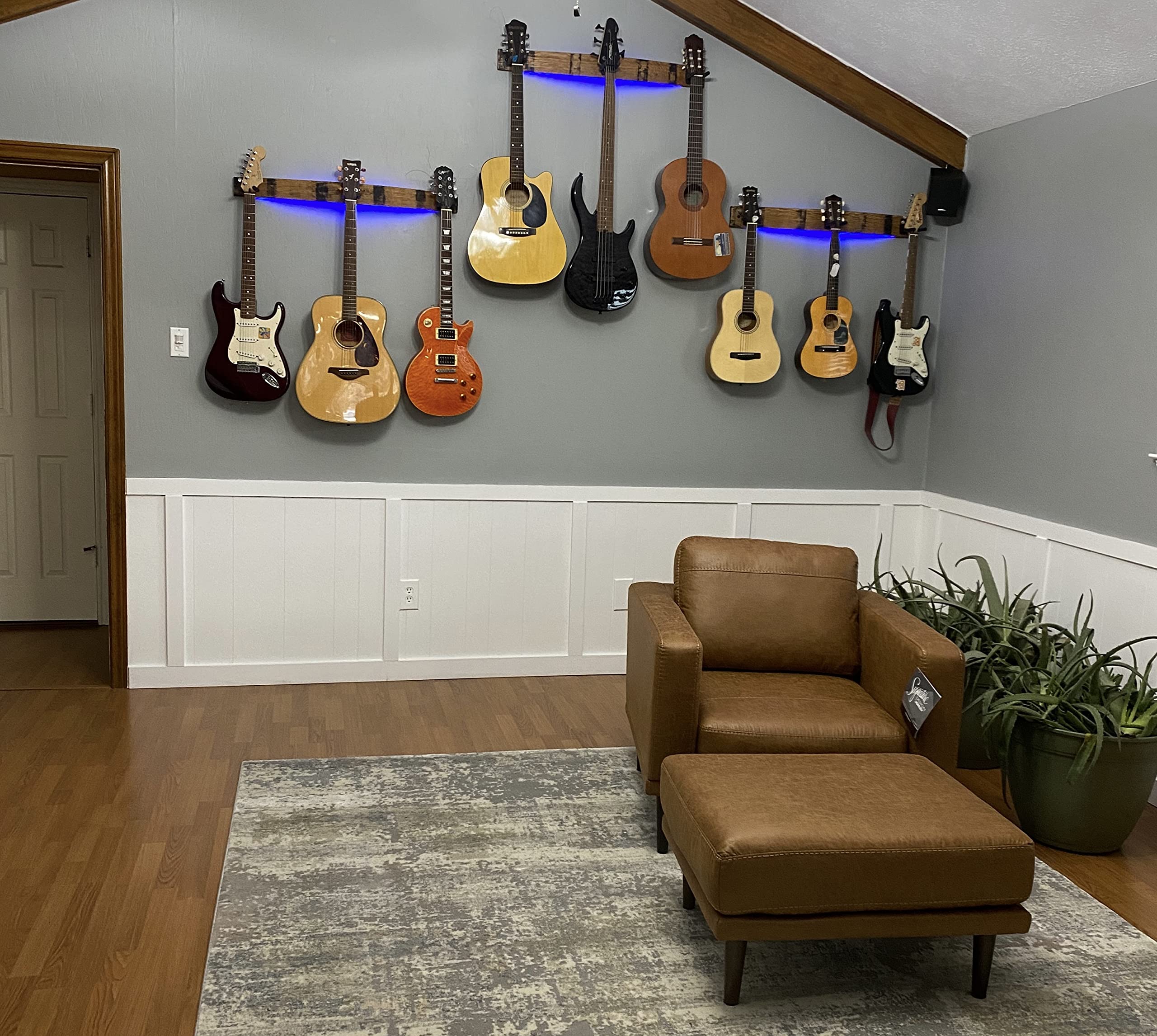 Coyle Woodworks Whiskey Barrel Stave 3-Instrument Wall Mount with LED Lights - Natural Finish Guitar, Ukulele, Violin, Banjo, Bass Hanger - Perfect for Home Decor, Music Room, Bar, and Man Cave Display