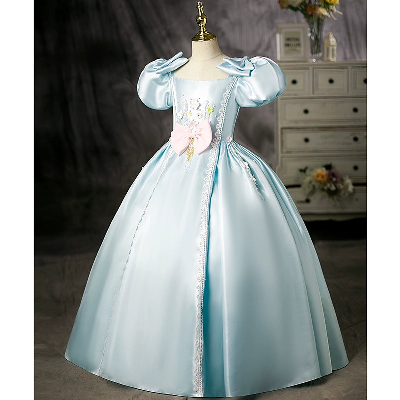 Mint Green Satin Princess Flower Girl Dress - Elegant Square Neck Floor Length Formal Gown for Weddings, Parties & Special Occasions