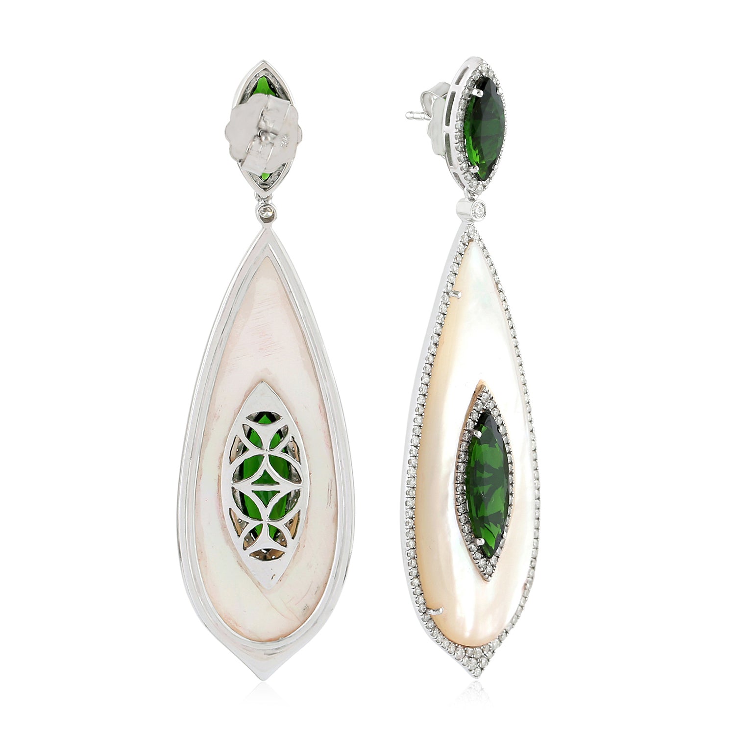 Exquisite Marquise Cut Mother of Pearl & Chrome Diopside Pave Diamond Teardrop Dangle Earrings in 14K White Gold | Elegant Wedding & Evening Party Jewelry Gift for Women