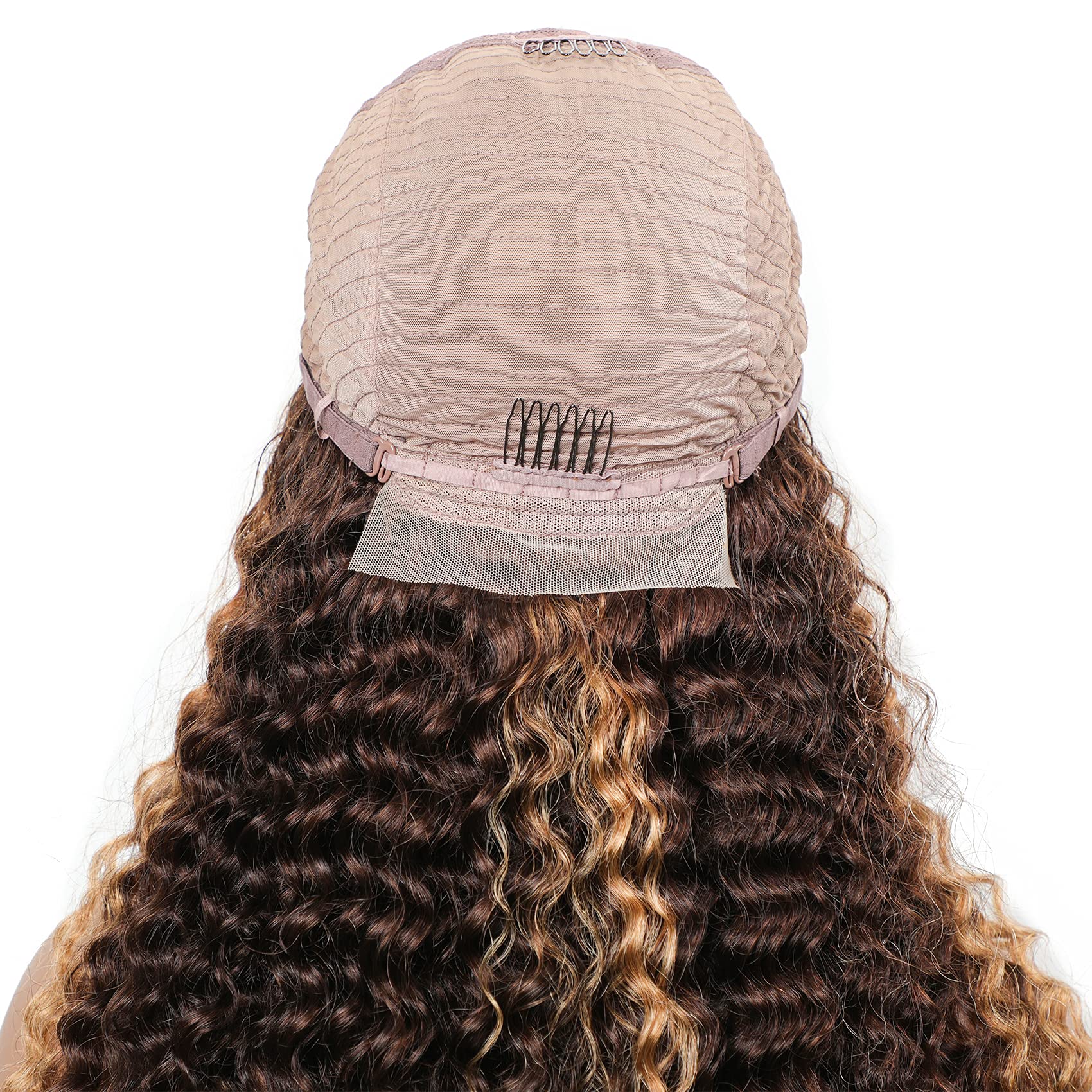 BLY Highlight Human Hair Lace Front Wigs - 22 Inch Deep Wave #4/27 Ombre Glueless Wig with Pre-Plucked Hairline, 4x4 Transparent Lace, 180% Density Honey Blonde Curly Water Wave - Perfect for Daily Wear, Cosplay & Special Occasions