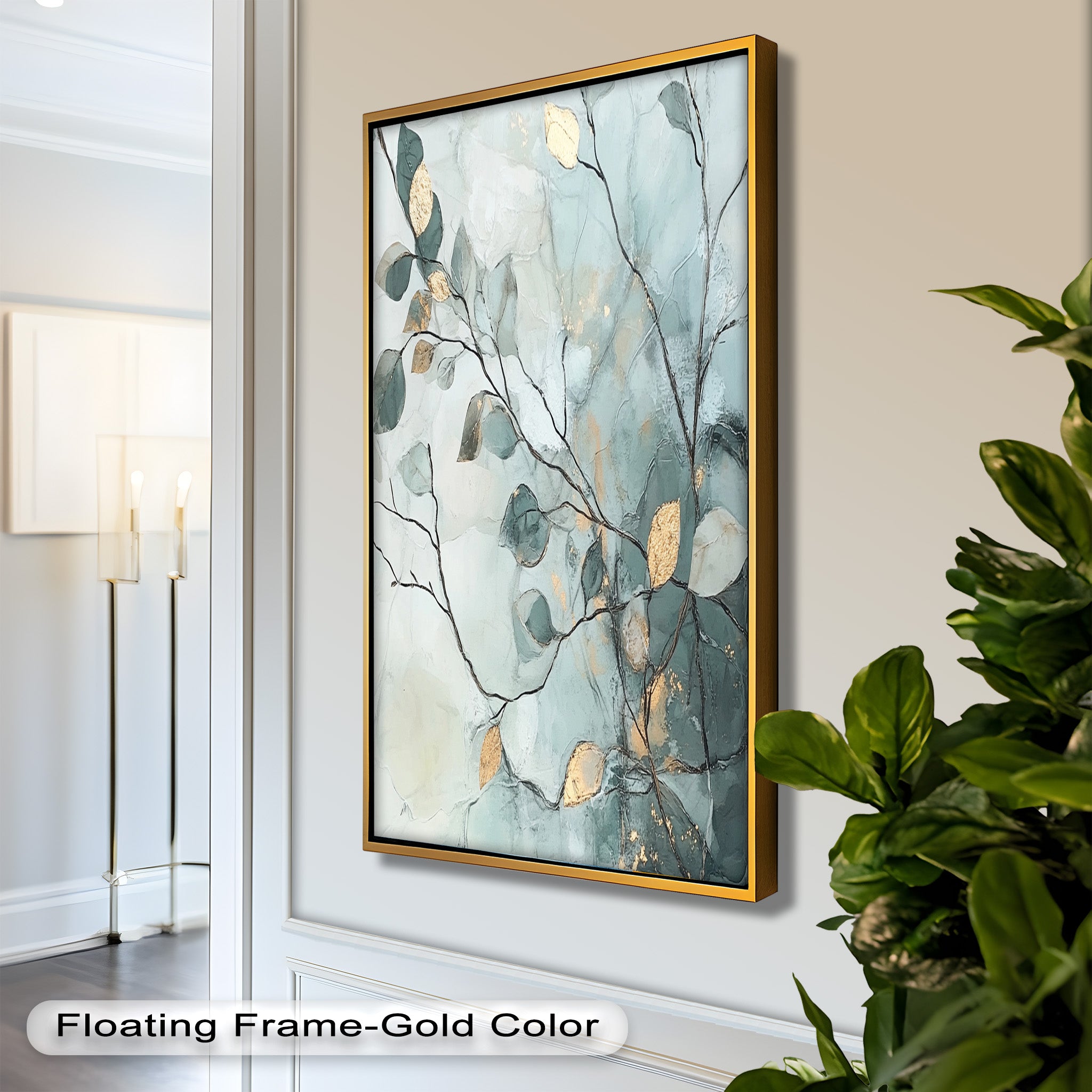 Blue and Metallic Leaf Branch Abstract Oil Painting - Handmade Canvas Wall Art for Living Room, Bedroom & Office Decor