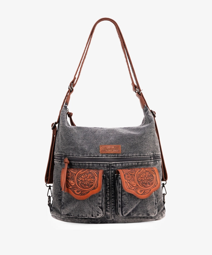 Wrangler Floral Tooled Denim Hobo Bag Convertible - Stylish Crossbody Purse for Women, Perfect for Concerts, Travel & Everyday Use