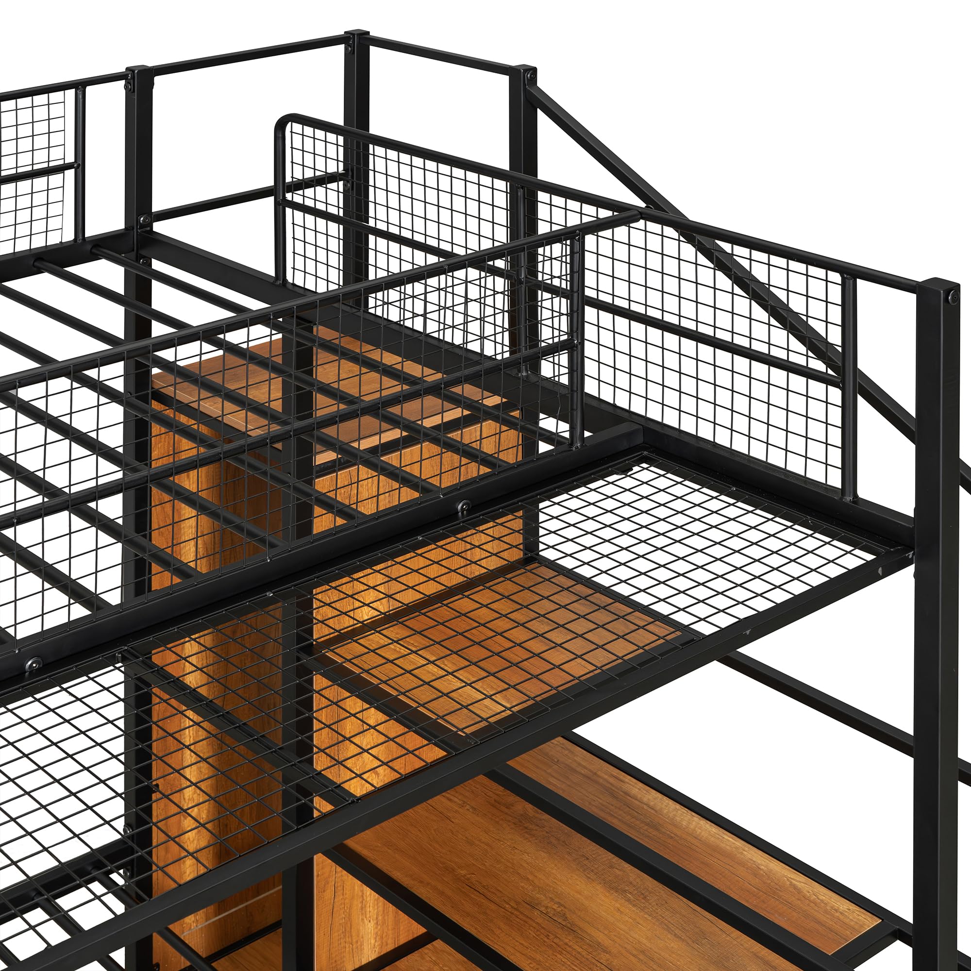 Harper & Bright Designs Twin Over Full Bunk Bed with Storage - Metal Bunk Bed Frame with Wire Shelving, Lateral Ladder & Wardrobe - Space Saving Kids Bedroom Furniture for Small Rooms - Black