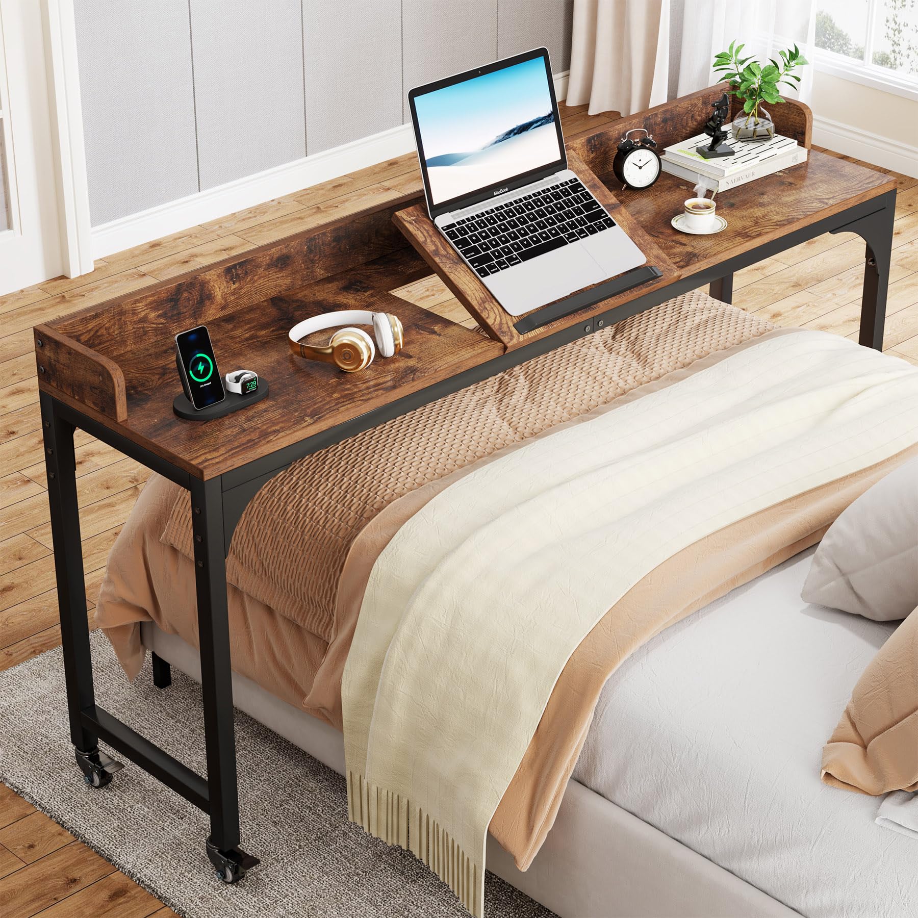 Tribesigns Adjustable Overbed Table with Wheels - Queen Size Rolling Laptop Desk for Home, Hospital & Office - Mobile Computer Workstation with Tilt Stand for Bed, Couch & Recliner Use (Non-Adjustable Height)