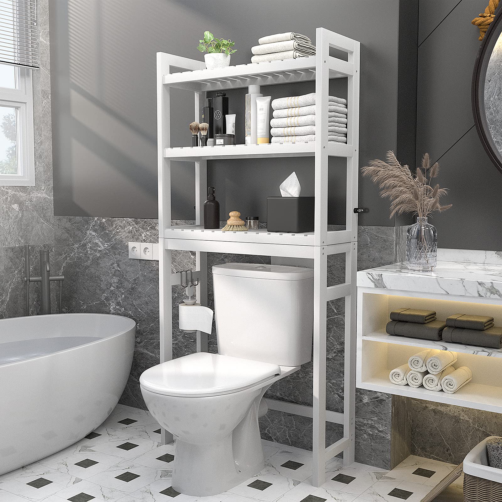 Homykic White Bamboo Over The Toilet Storage Shelf with 5-Tier Bathroom Organizer - Space Saving Bathroom Storage Solution for Small Spaces, Toilet Paper Holder & Towel Rack