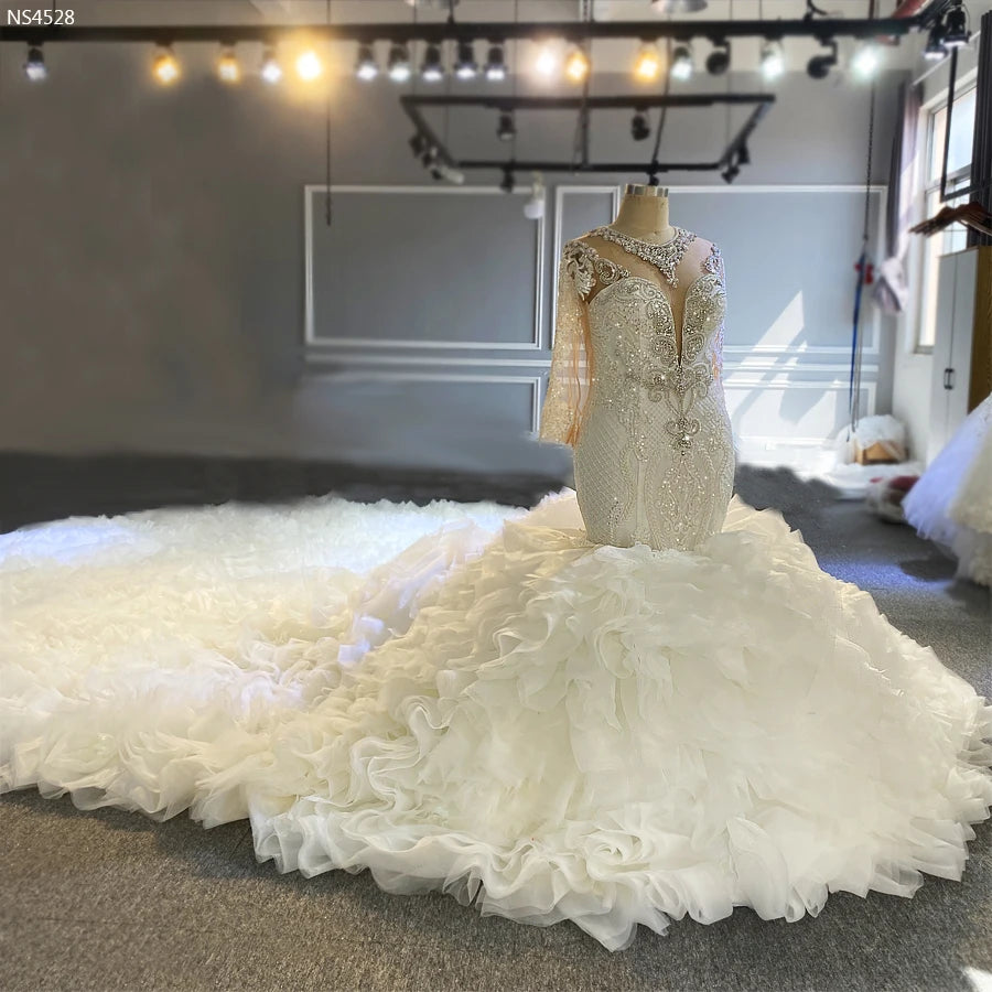 Elegant African Bridal Gown Long Sleeve Ruffle Mermaid Wedding Dress 2 in 1 - Perfect for Beach, Church & Destination Weddings