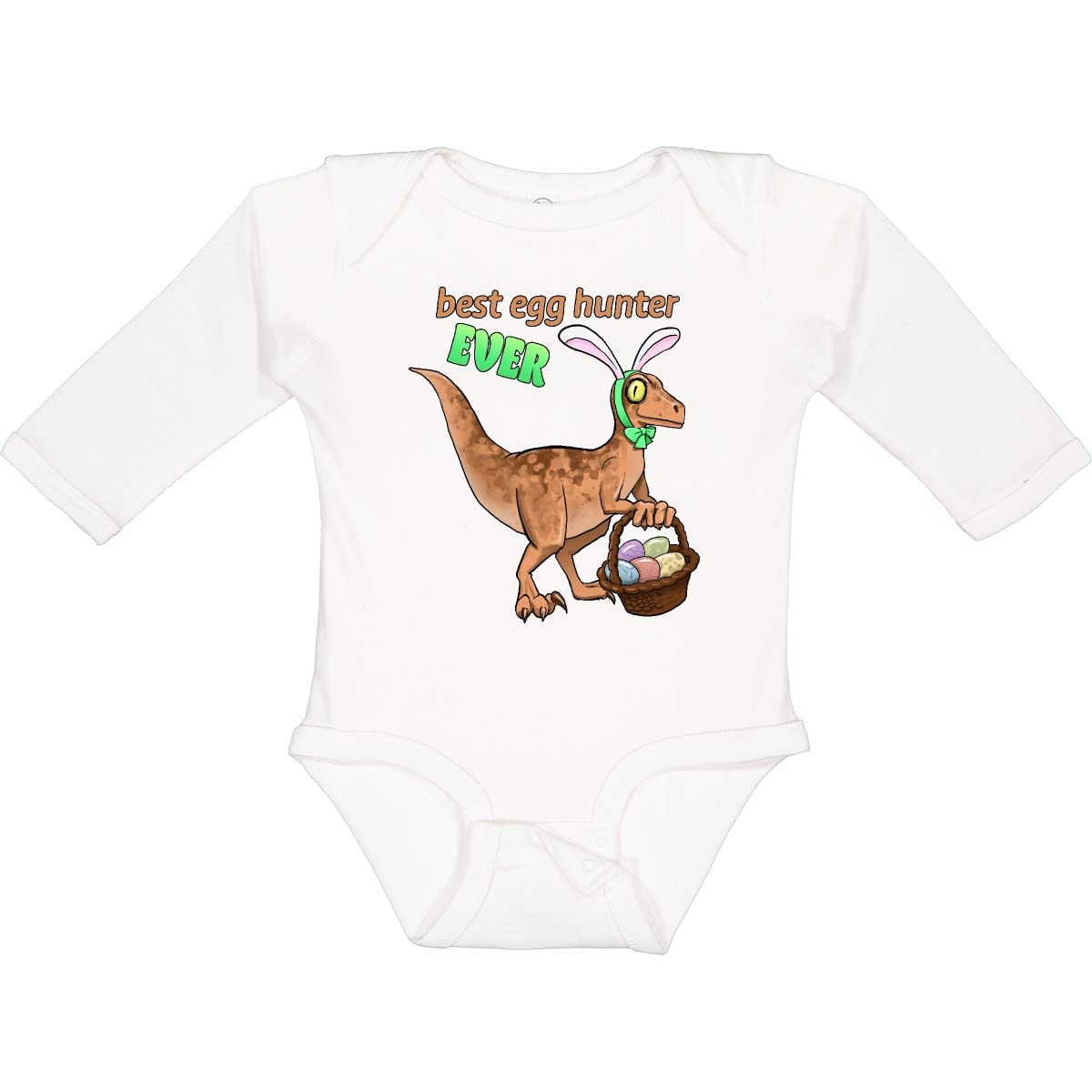 Inktastic Best Egg Hunter Ever Easter Dinosaur Long Sleeve Baby Bodysuit - Cute Dino Themed Outfit for Easter Egg Hunt & Holiday Photos