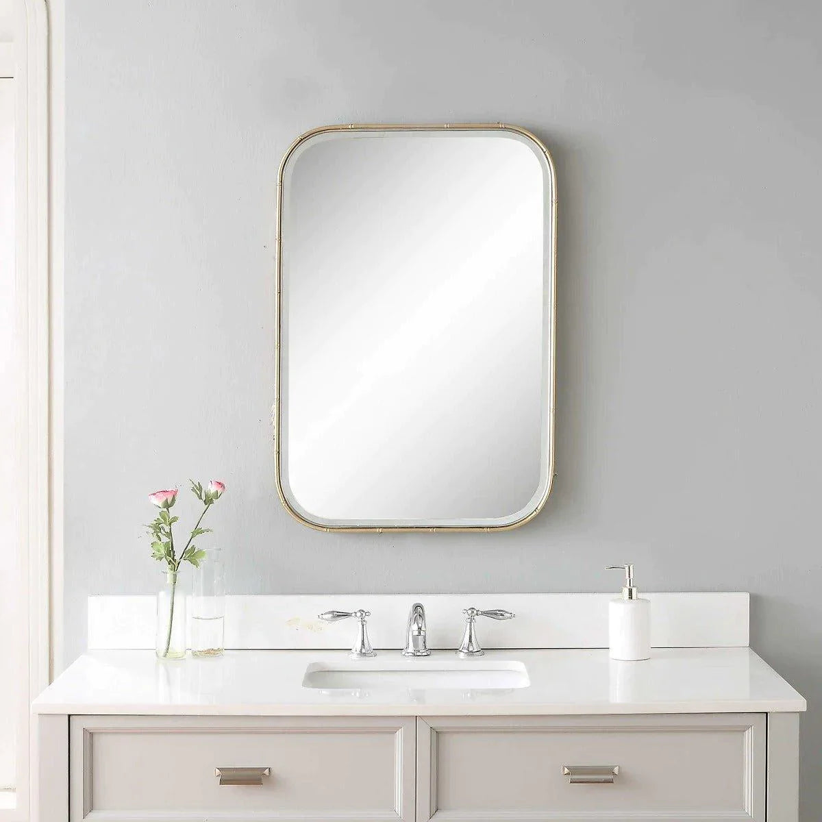 Antique Gold Leaf Chinoiserie Style Mirror with Iron Bamboo Frame - Elegant Wall Decor for Living Room, Bedroom, or Entryway