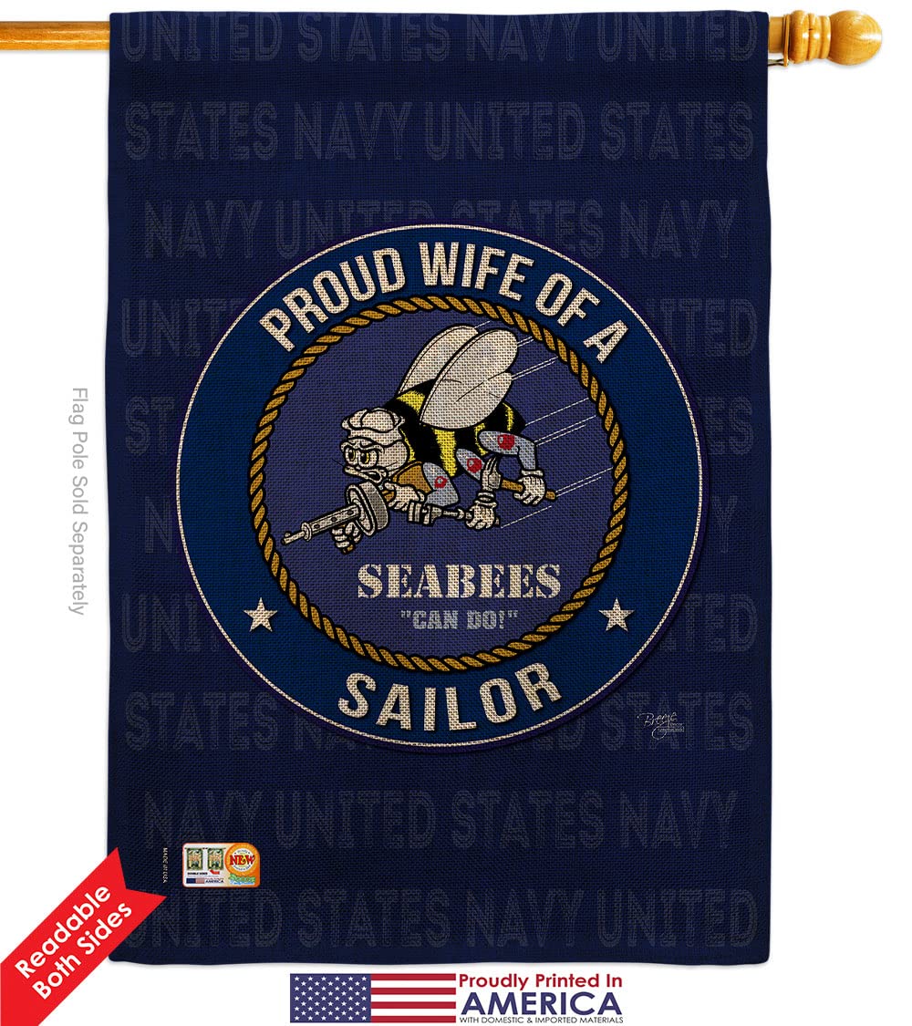 Double-Sided USA Made Seabees Navy Garden Flag Kit - 28x40 Inch Armed Forces Military Veteran Yard Banner, Proud Wife Sailor Burlap House Flag, USN Seabee Retiree Official Small Gift - Perfect for Patriotic Home Decor, Front Yard Display & Military Appreciation Events