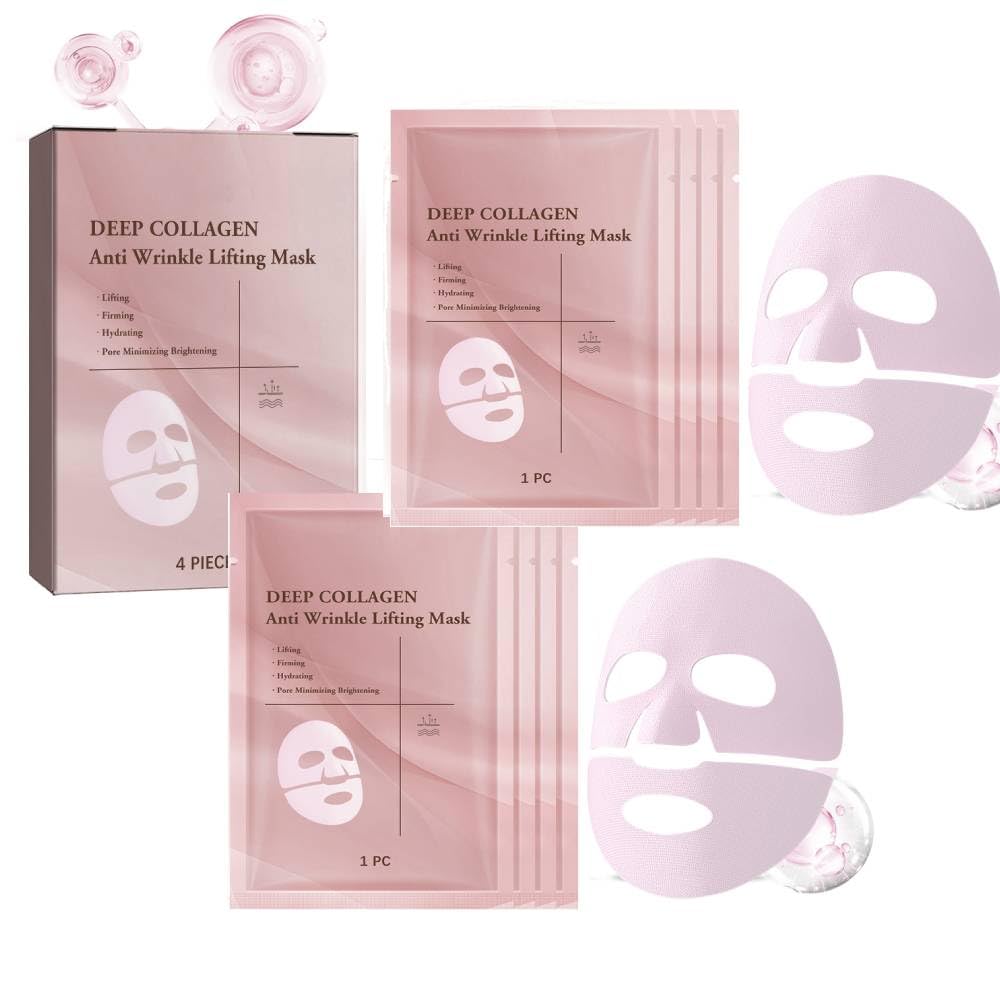 Deep Collagen Anti-Wrinkle Lifting Face Mask - Intensive Firming Treatment for Skin Elasticity & Fine Lines - Hydrating & Firming Facial Sheet Mask (4 Pack/2 Pairs) - Perfect for Nighttime Skincare Routine & Spa Day Self-Care
