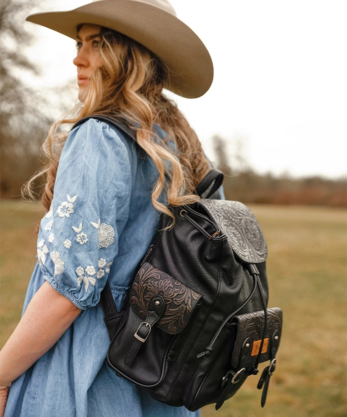 Wrangler Floral Tooled Concealed Carry Backpack for Women & Men - Tactical EDC Hiking Daypack with Hidden Gun Pocket - Perfect for Outdoor Adventures, Travel & Everyday Use