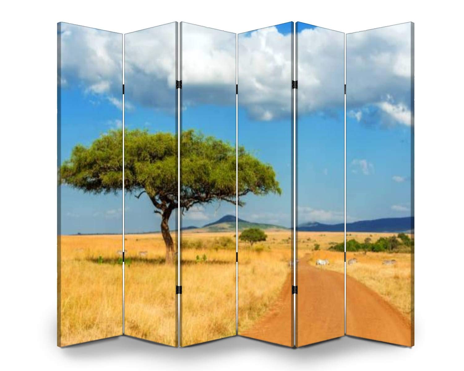 6-Panel Wooden Room Divider with African Tree Landscape - Foldable Privacy Screen, Dual-Sided Canvas Partition for Indoor Spaces | Perfect for Home Office, Bedroom Separation & Decorative Display