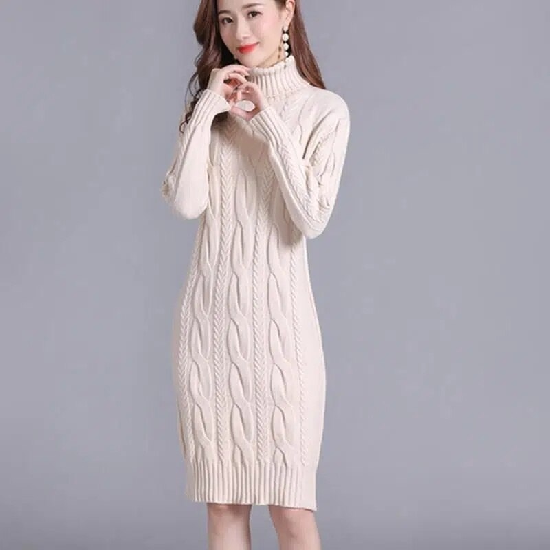 Women's Solid Color Turtleneck Knit Sweater Dress - Warm Winter Pullover Dress for Casual Outings & Office Wear