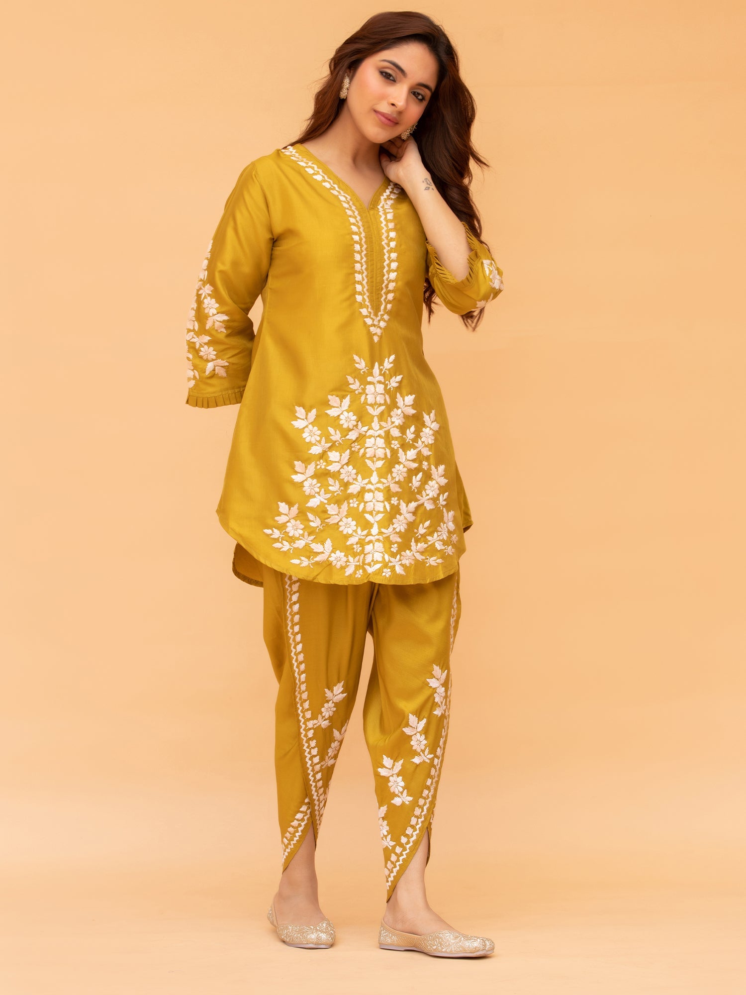 Elegant Saba Chikankari Kurta Set in Premium Habutai Silk - Mustard Yellow | Traditional Indian Ethnic Wear for Women | Perfect for Festivals, Weddings & Special Occasions