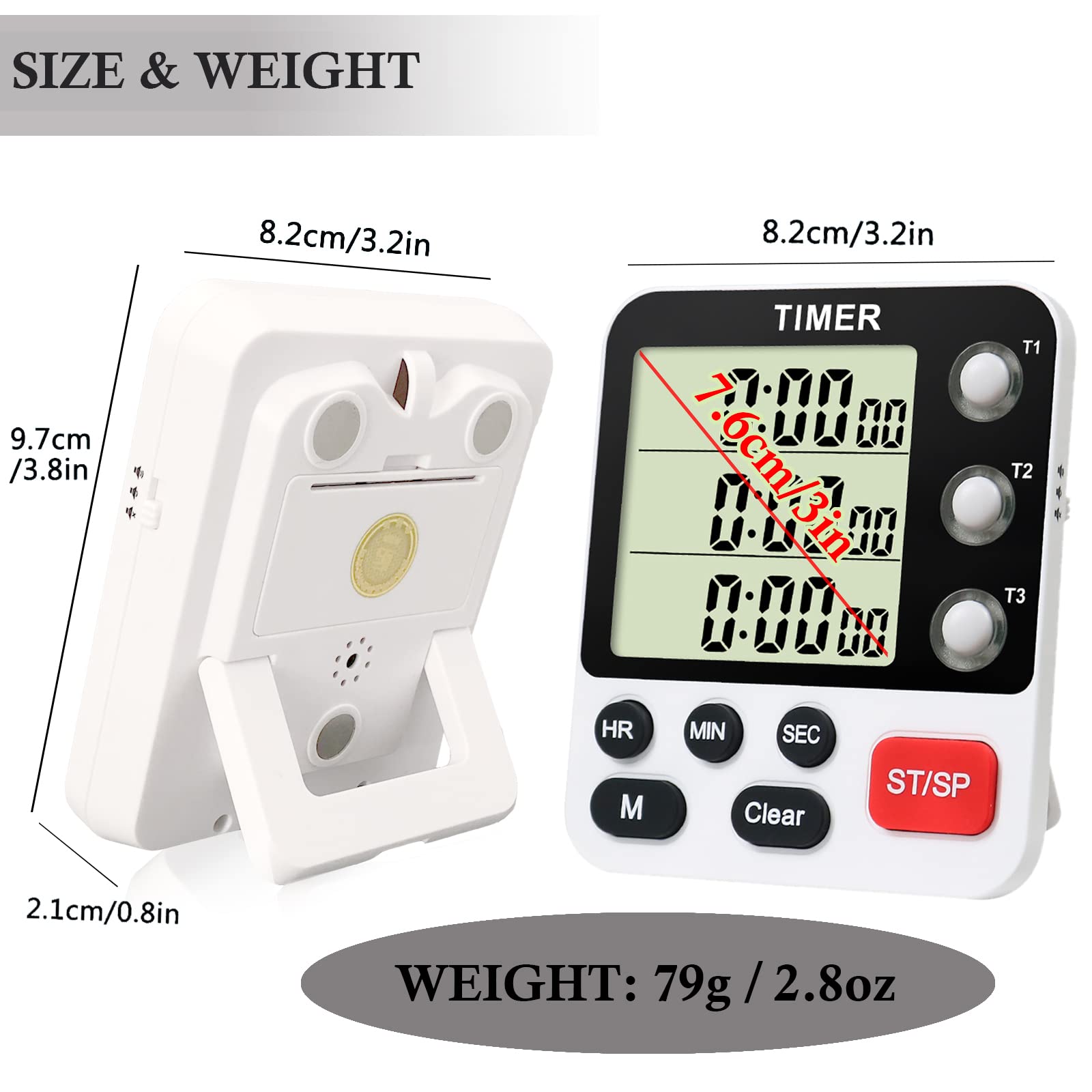 Digital 3-Channel Kitchen Timer with Large LCD Display - Count Up/Down Stopwatch, ON/OFF Switch, Adjustable Volume & Magnetic Back (Battery Included) - Perfect for Cooking, Baking, Teaching & Reading Aloud