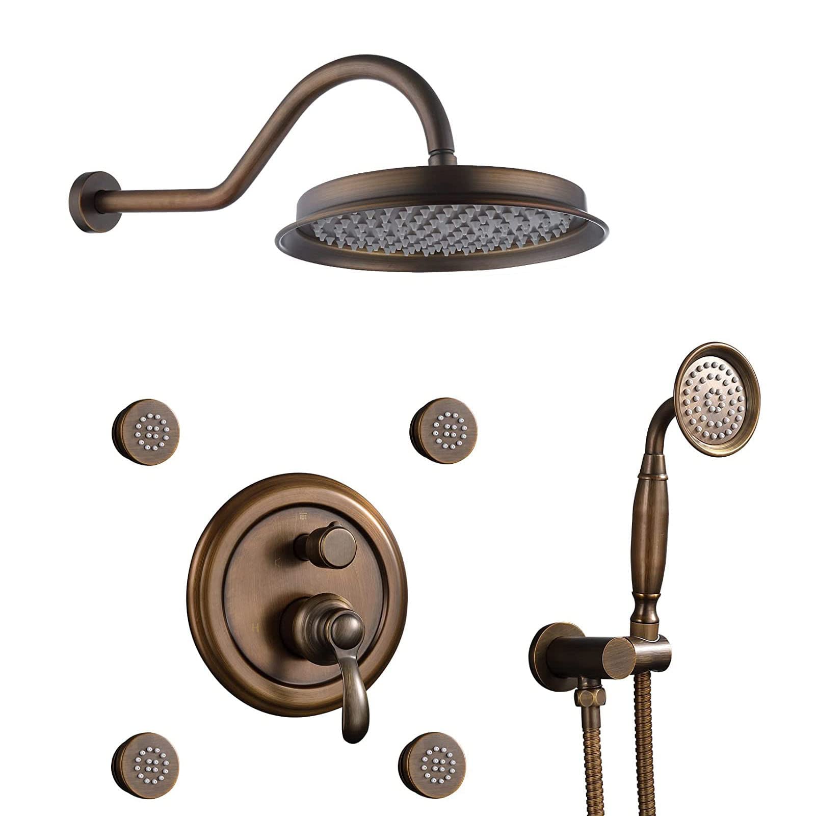 Vintage Brass Shower System - 9 Inch Rainfall Shower Head with Handheld Spray & Body Jets, Wall Mounted Bathroom Mixer Tap Set for Luxury Spa Experience at Home