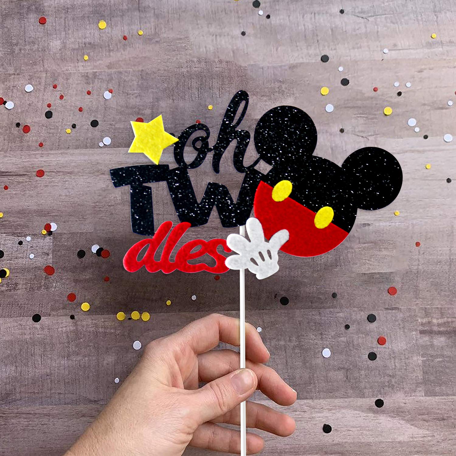 Mickey Mouse Inspired Glitter Twodels for 2nd Birthday Party Decorations - Black & Red Cake Table Decor - Perfect for Disney Themed Celebrations & Kids Birthday Parties