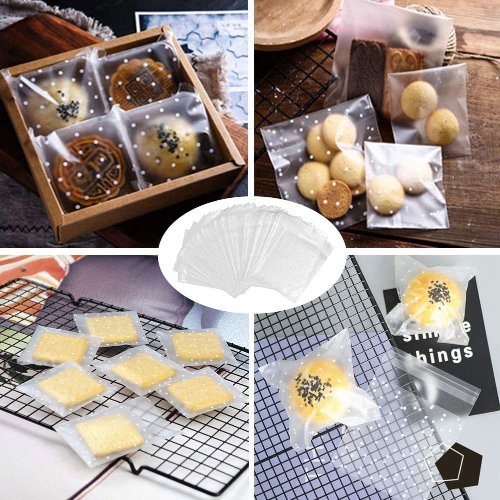 100PCS Self Adhesive Cookie Bags - Resealable Cellophane Treat Bags with White Polka Dots & Thank You Stickers - Perfect for Gift Giving, Party Favors, and Holiday Treat Packaging