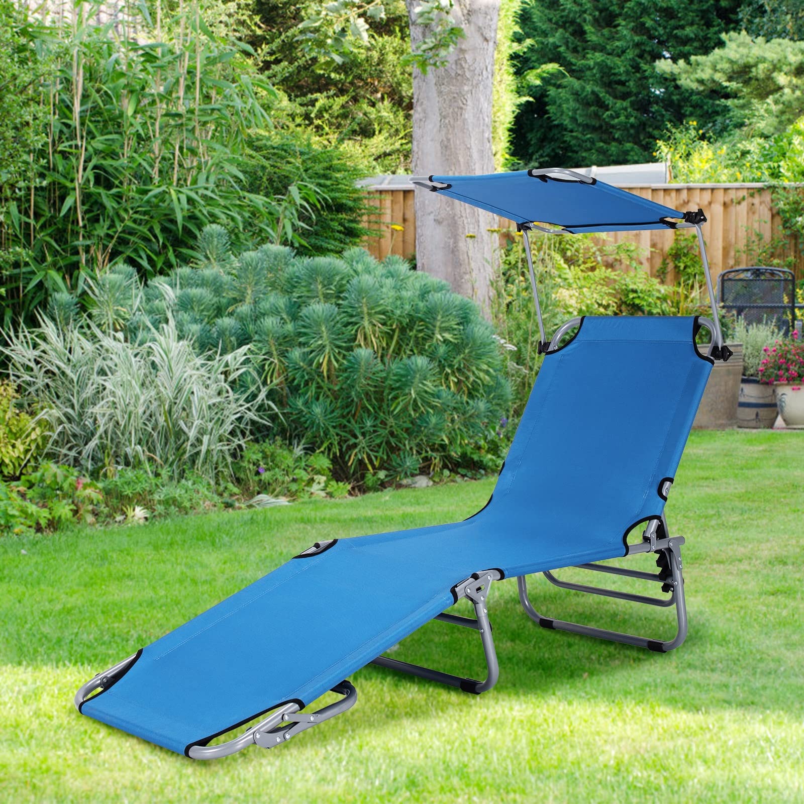 Tangkula 5-Position Folding Reclining Beach Chair with 360° Adjustable Canopy & Side Storage Pocket - Portable Outdoor Lounge Chair for Beach, Pool, Patio, Backyard, Camping & Sunbathing (Navy Blue, 2 Pack)