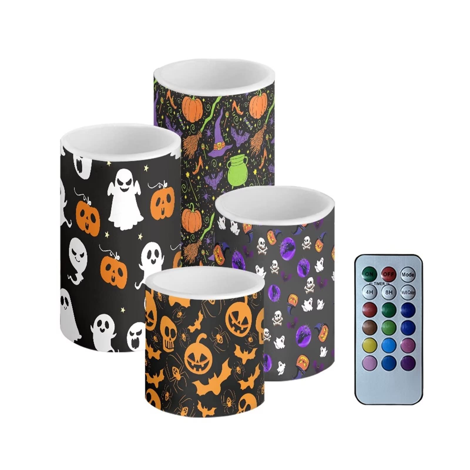 Halloween Flameless Candles Set of 4 - LED Witch Bat Skeleton Decor for Party
