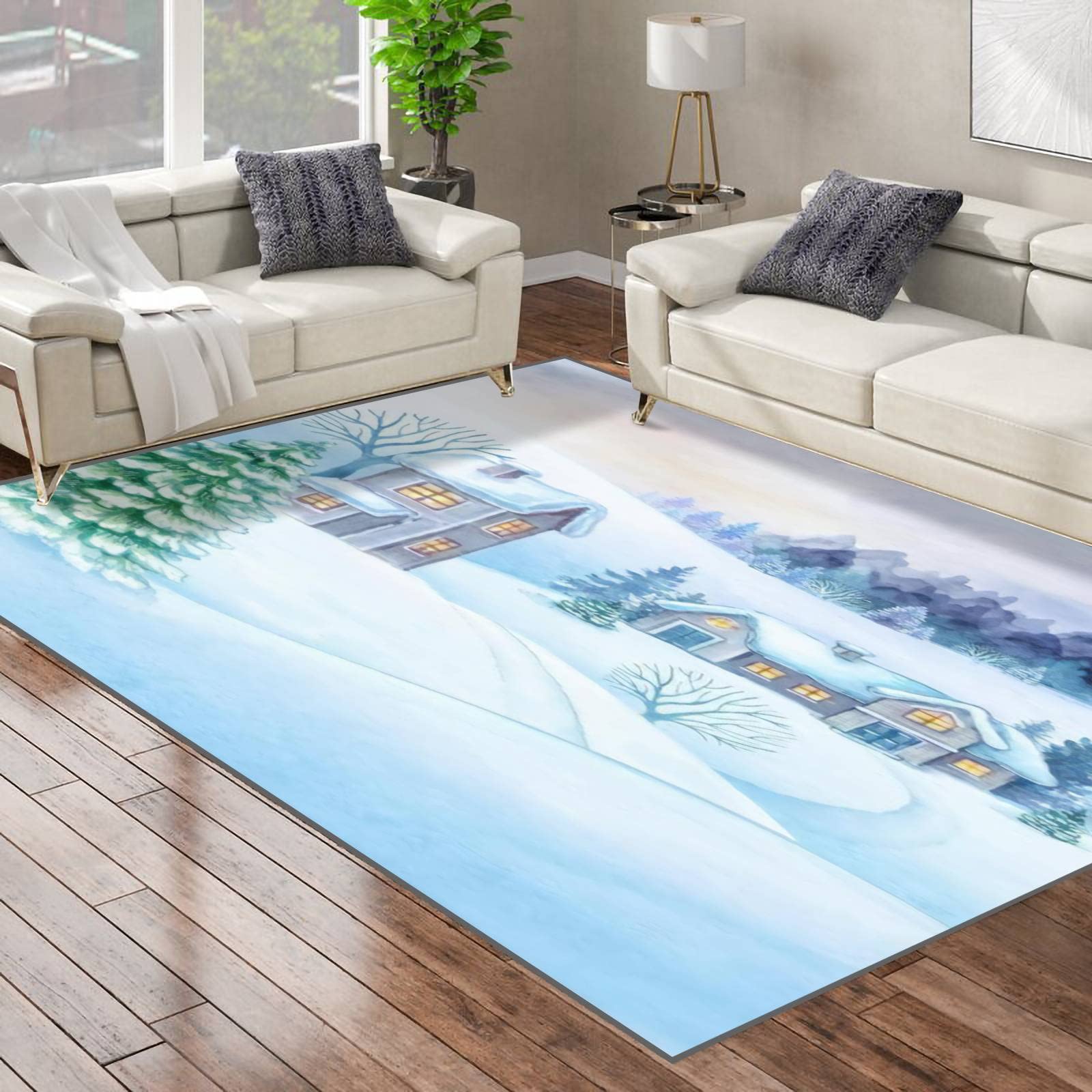 Non-Slip Winter Countryside Snowy Forest Area Rug - Christmas Village Landscape Carpet for Indoor Floor, Yoga Mat, Playmat - Perfect for Home, Bedroom, Nursery, Living Room & Patio Decor