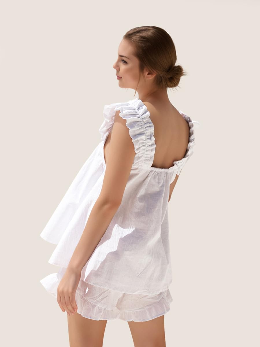 Women's Summer Pajama Set - 2 Piece Cotton Loungewear with Ruffle Trim Top & Shorts - Soft Sleepwear for Nighttime & Relaxing at Home