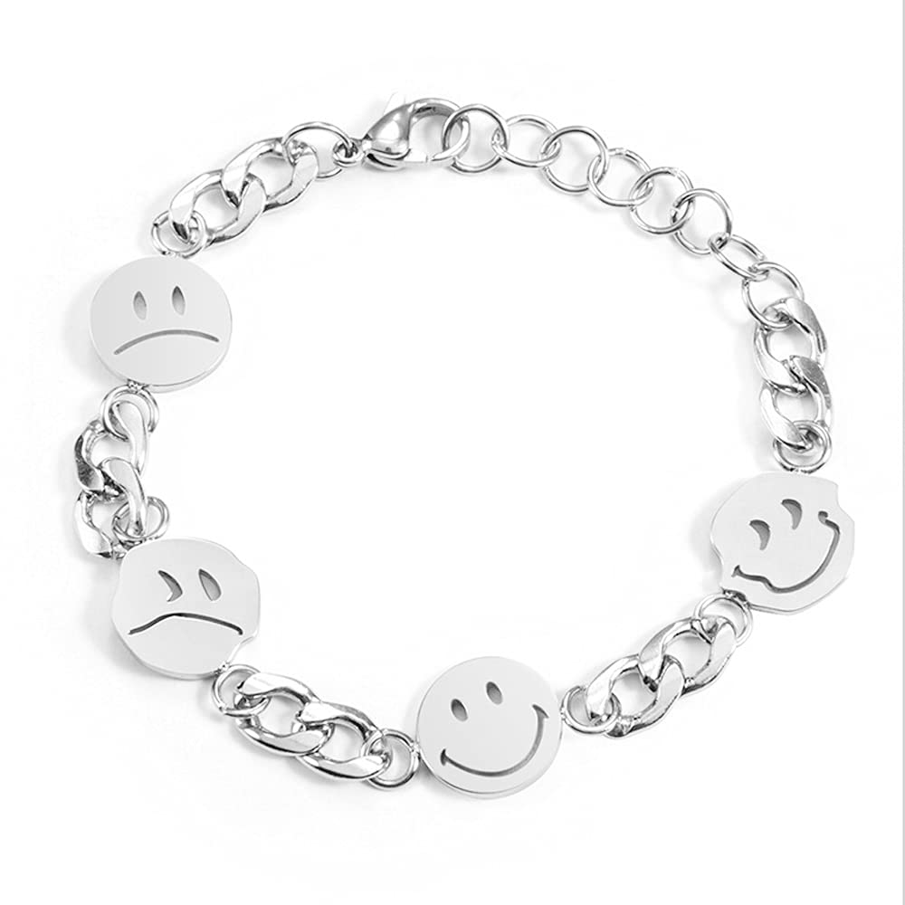 Jemant Smiley Face Bracelets for Women & Men - Stainless Steel Hip Hop Kpop Trendy Jewelry - Simple Silver Smile Bracelet Gift for Couples, Friends - Perfect for Parties, Concerts & Everyday Wear