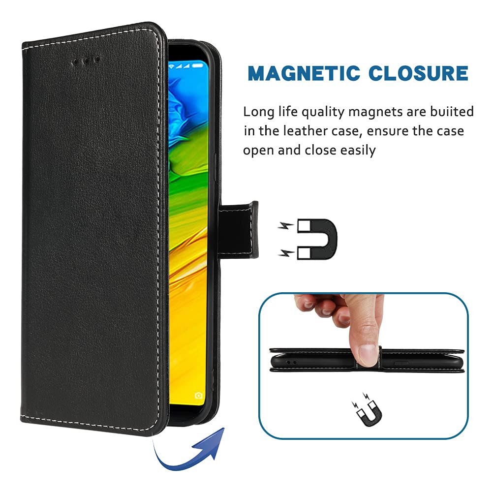 Xiaomi Redmi Note 5 Wallet Case - Leather Flip Cover with Card Holder, Wrist Strap & Stand | Compatible with Redmi Note 5 | Perfect for Daily Use, Travel & Hands-Free Viewing (Black)