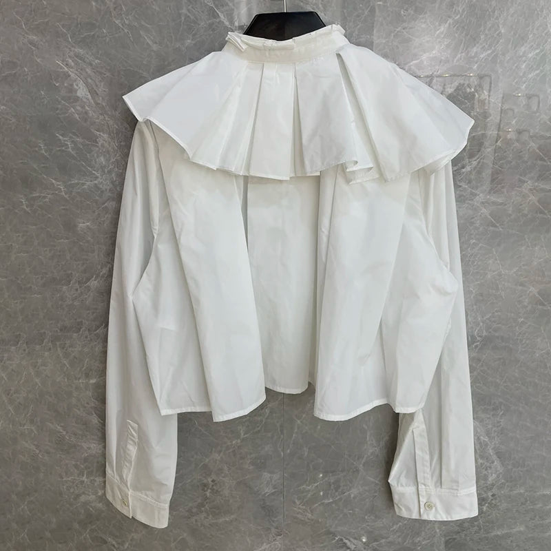 Apricot Minimalist Short Sleeve Blouse for Women - Stand Collar Long Sleeve Patchwork Pleated Loose Korean Style Top | Perfect for Office Wear, Casual Outfits & Spring Fashion