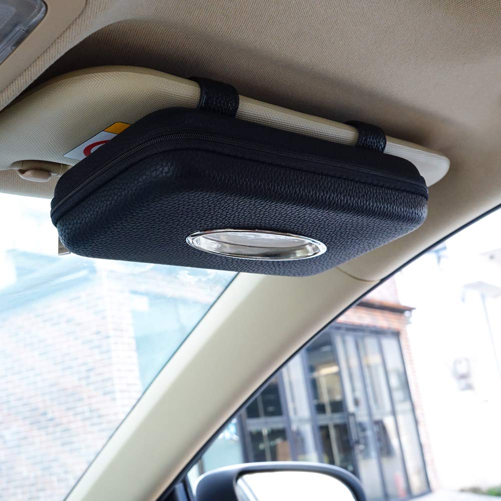 Premium PU Leather Car Visor Tissue Holder - Black Napkin Dispenser for Backseat & Sun Visor - Perfect for Road Trips, Commuting & Family Travel Accessories