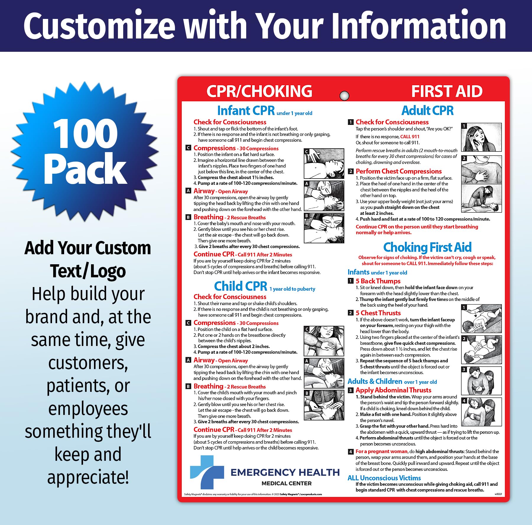 100-Pack CPR & Choking First Aid Refrigerator Magnets - Custom Logo Safety Magnets for Offices, Schools & Homes - Emergency Preparedness Gift for Workplace Safety & Family Protection