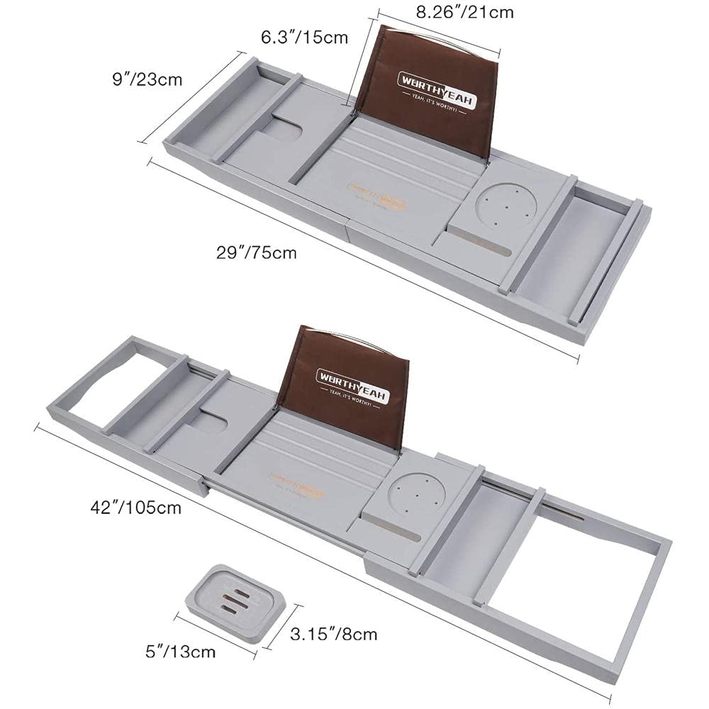 Expandable Bathtub Tray with Wine Glass Holder & Book Stand - Adjustable Drain Bath Caddy Tray, Bathtub Storage Organizer - Perfect Relaxation Gift for Spa, Bath Time & Self Care (Gray)