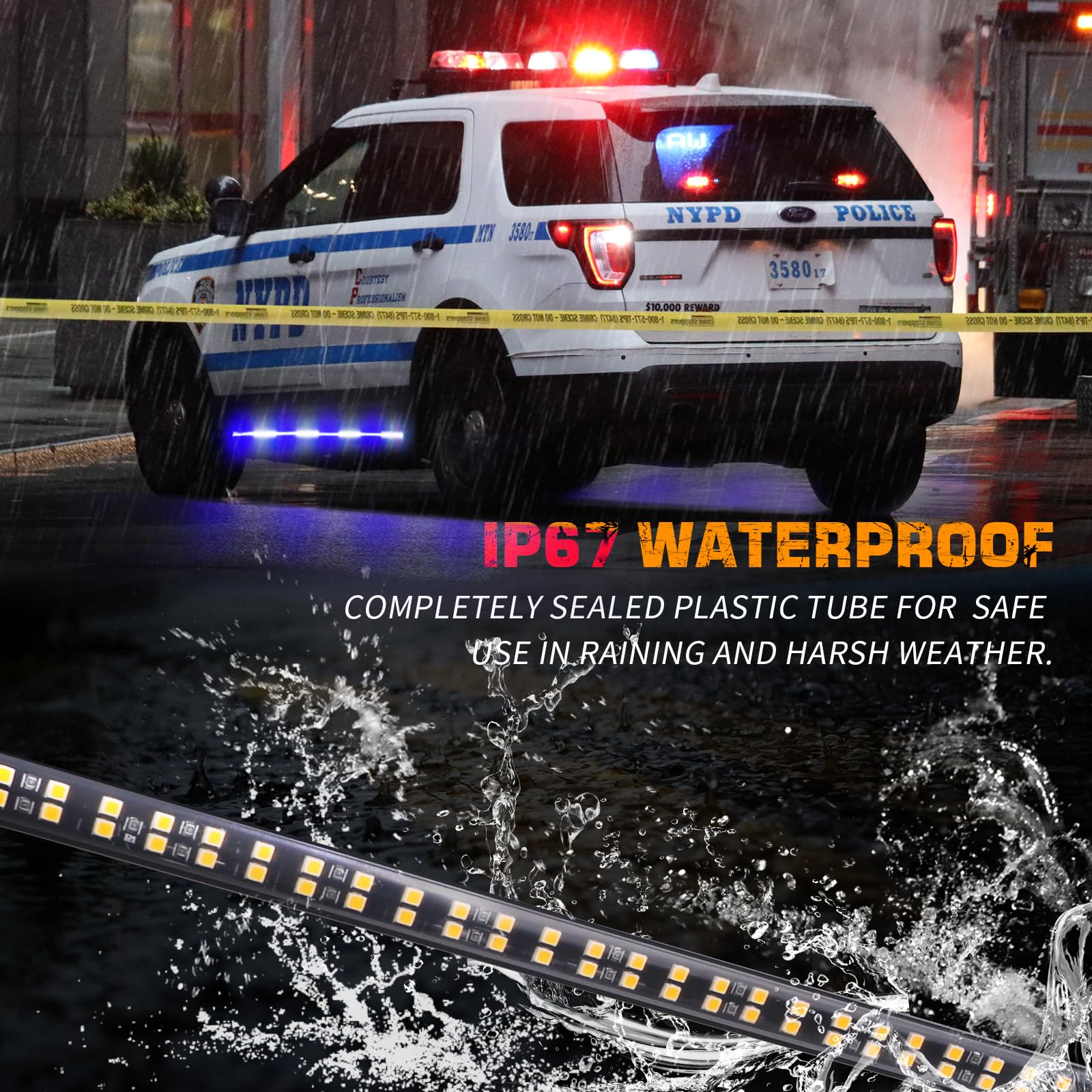XRIDONSEN 2PCS 70-Inch Truck Emergency Light Strips - 864 LED Blue & White Strobe Running Board Lights - Waterproof Flexible Warning Lights for Police, Firefighter, Pickup, SUV, Off-Road Vehicles - Ideal for Night Safety, Roadside Emergencies & Work Zone Visibility