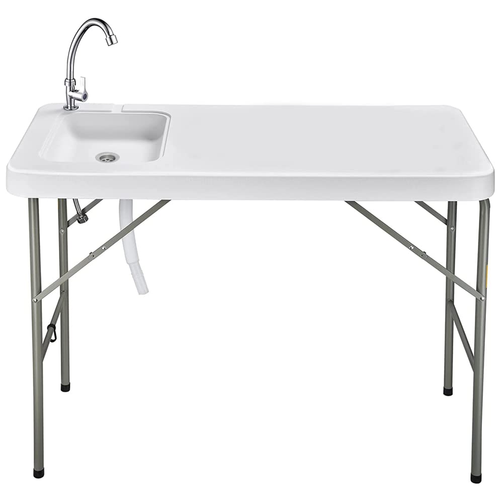 Premium Portable Fish Cleaning Table with Sink & Faucet - Heavy Duty Folding Fillet Station for Outdoor Camping, Picnics, Backyard BBQs & Garden Use - White