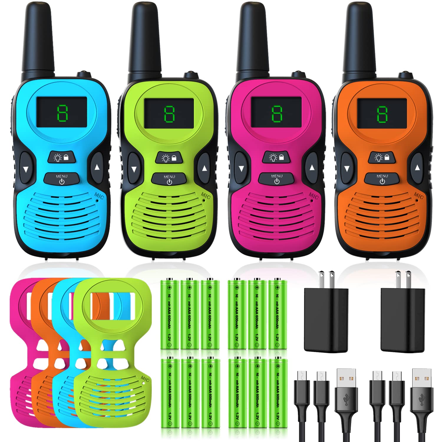 Kids Walkie Talkies 4 Pack - Rechargeable Long Range Walkie Talkies for Boys & Girls Ages 3-12 with USB Charger - Outdoor Toys for Camping, Hiking, Backyard Adventures & Family Games