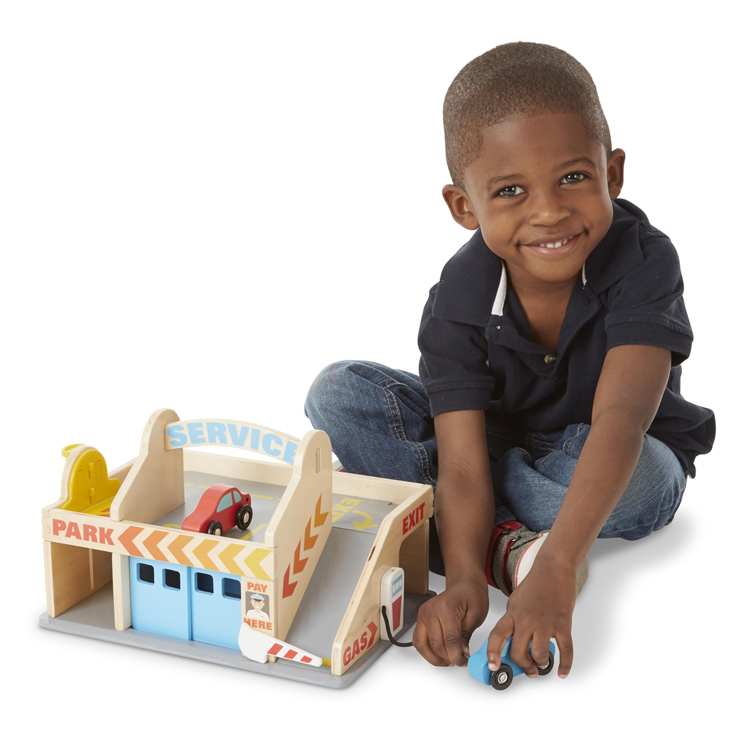 Melissa & Doug Wooden Service Station Parking Garage Toy Set with 2 Cars & Drive-Thru Car Wash - Perfect for Kids Pretend Play & Early Learning (SIOC)